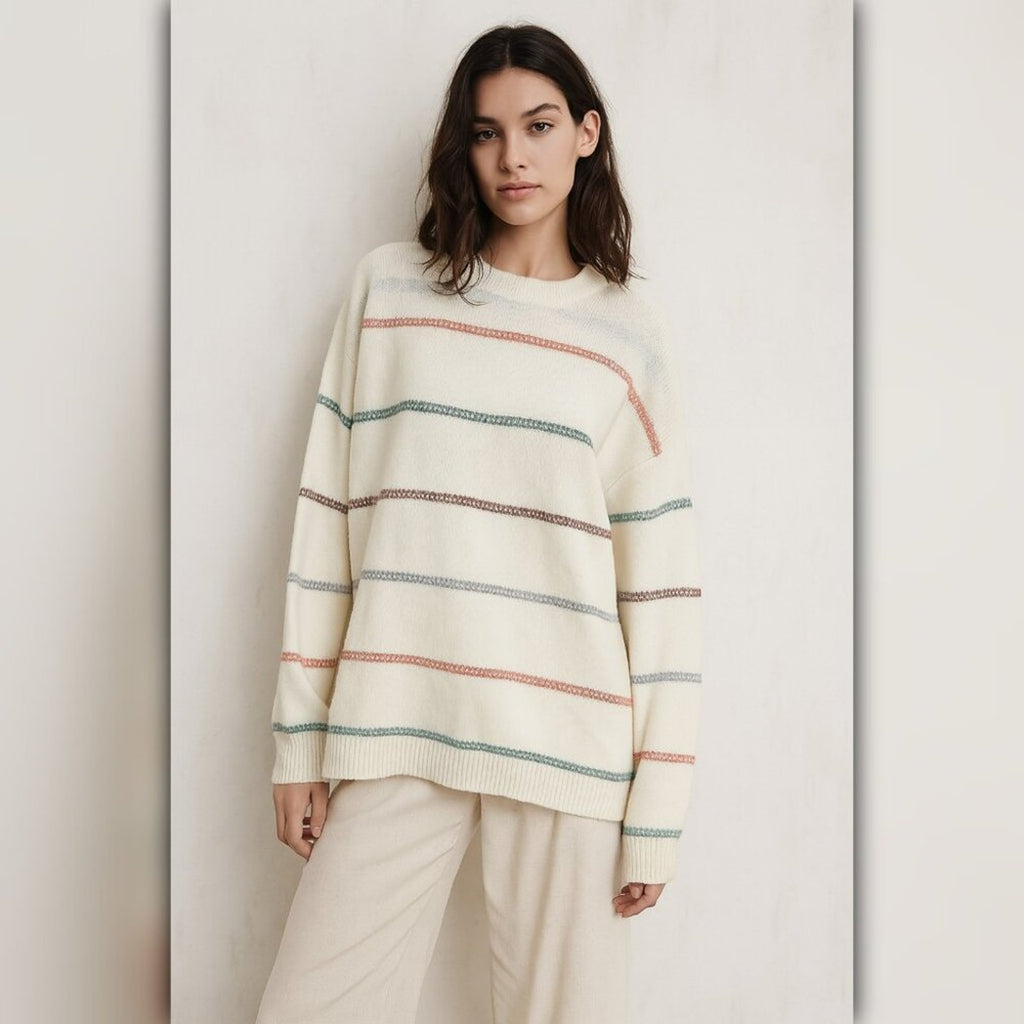 A404 • Cream Striped Knit Sweater – Cozy Crewneck Pullover