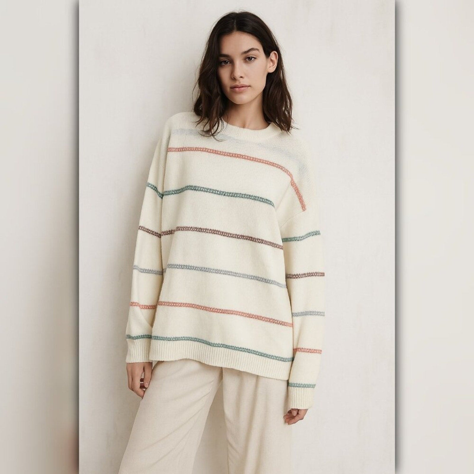 A404 • Cream Striped Knit Sweater – Cozy Crewneck Pullover