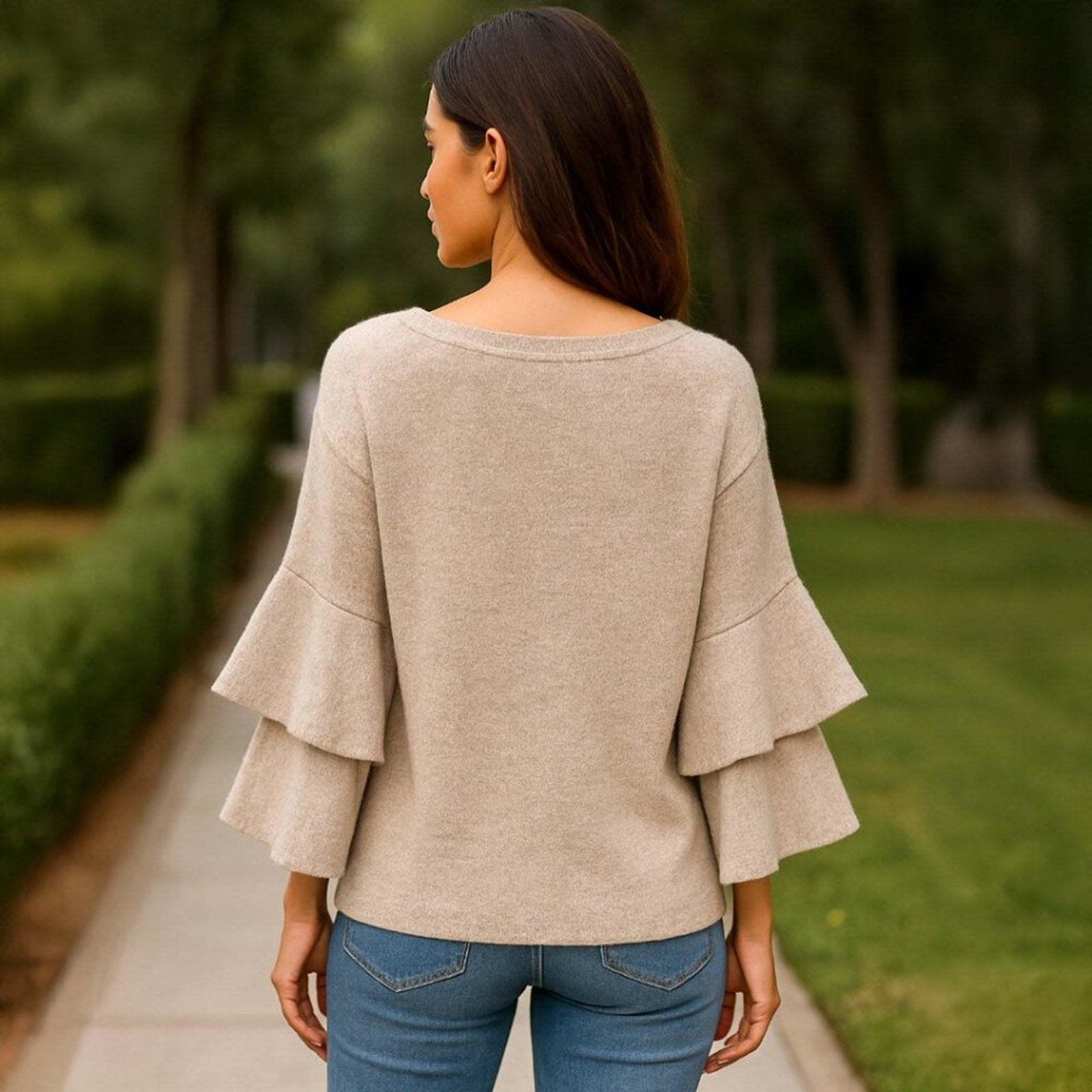 A266 • Oatmeal Two Tier Bell Sleeve Sweater Top