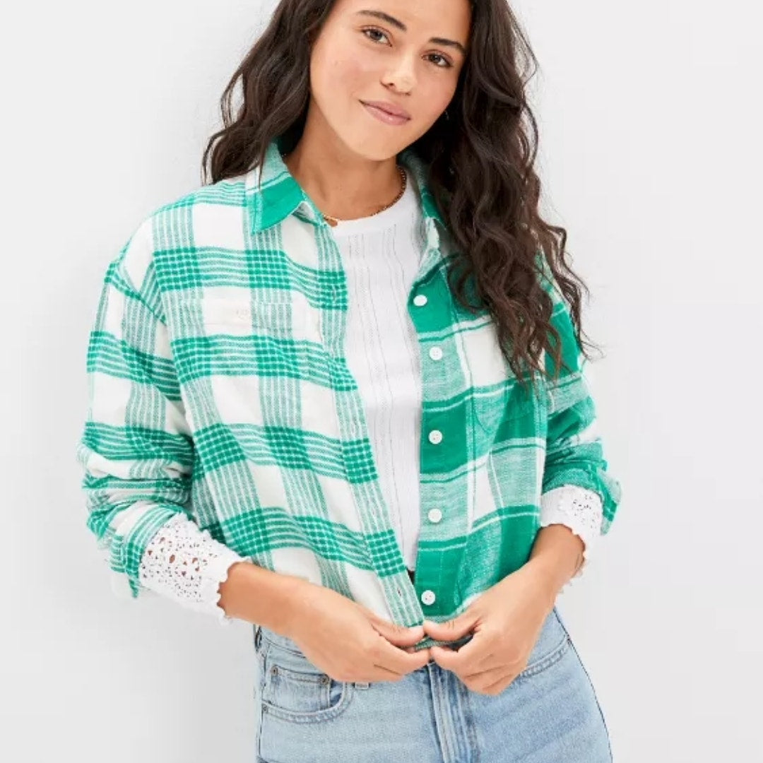 A494 • Cozy Cropped Green Plaid Flannel Shirt