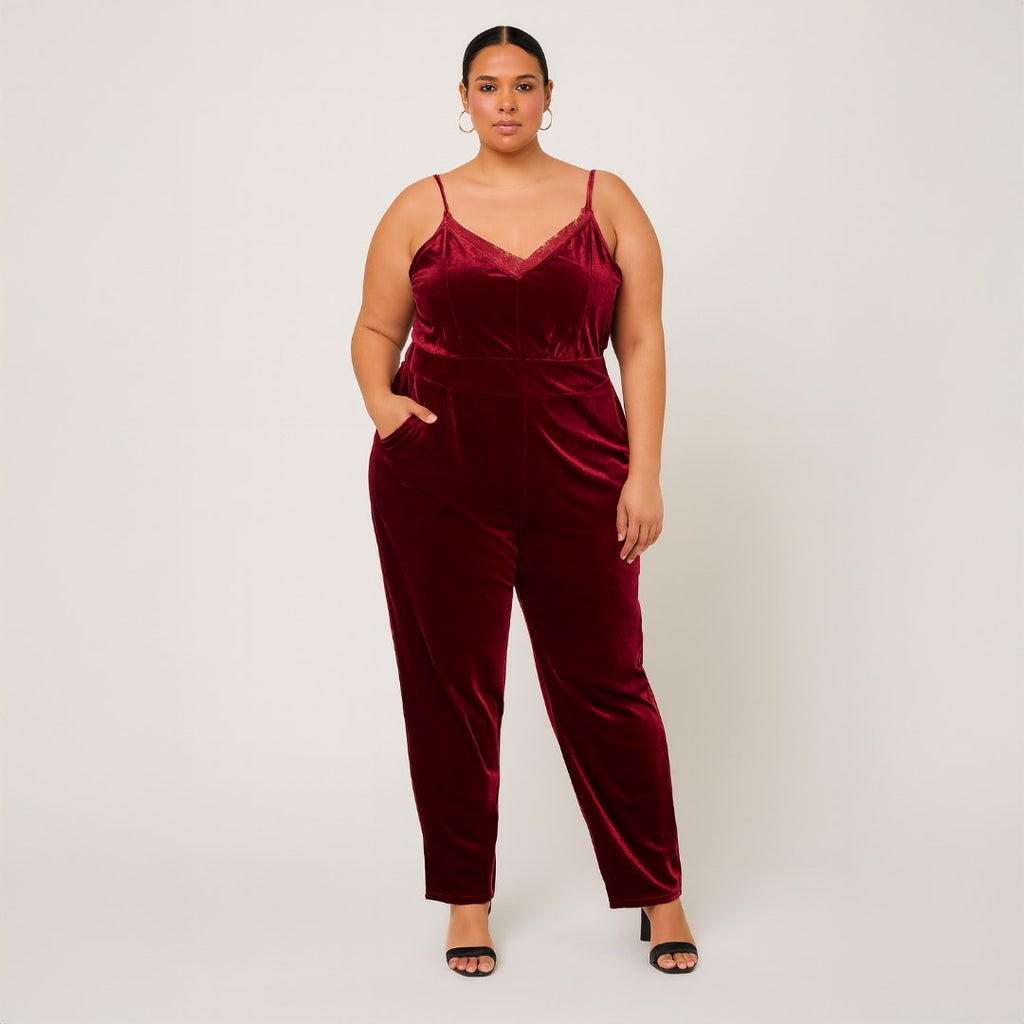 A511 • Velvet Lace Trim Spaghetti Strap Jumpsuit in Burgundy