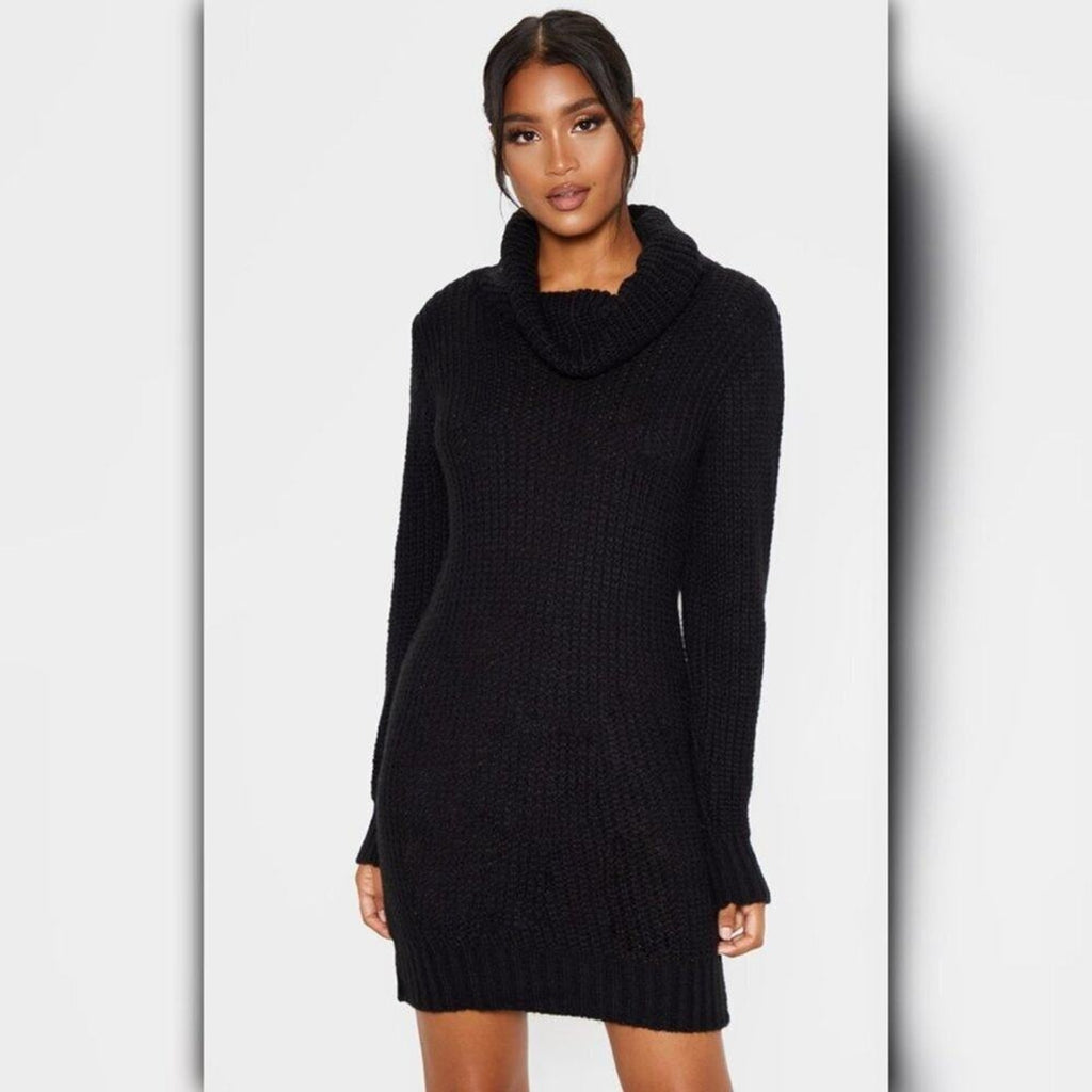 A308 • Black Cowl Neck Cable Knit Tunic Sweater Dress