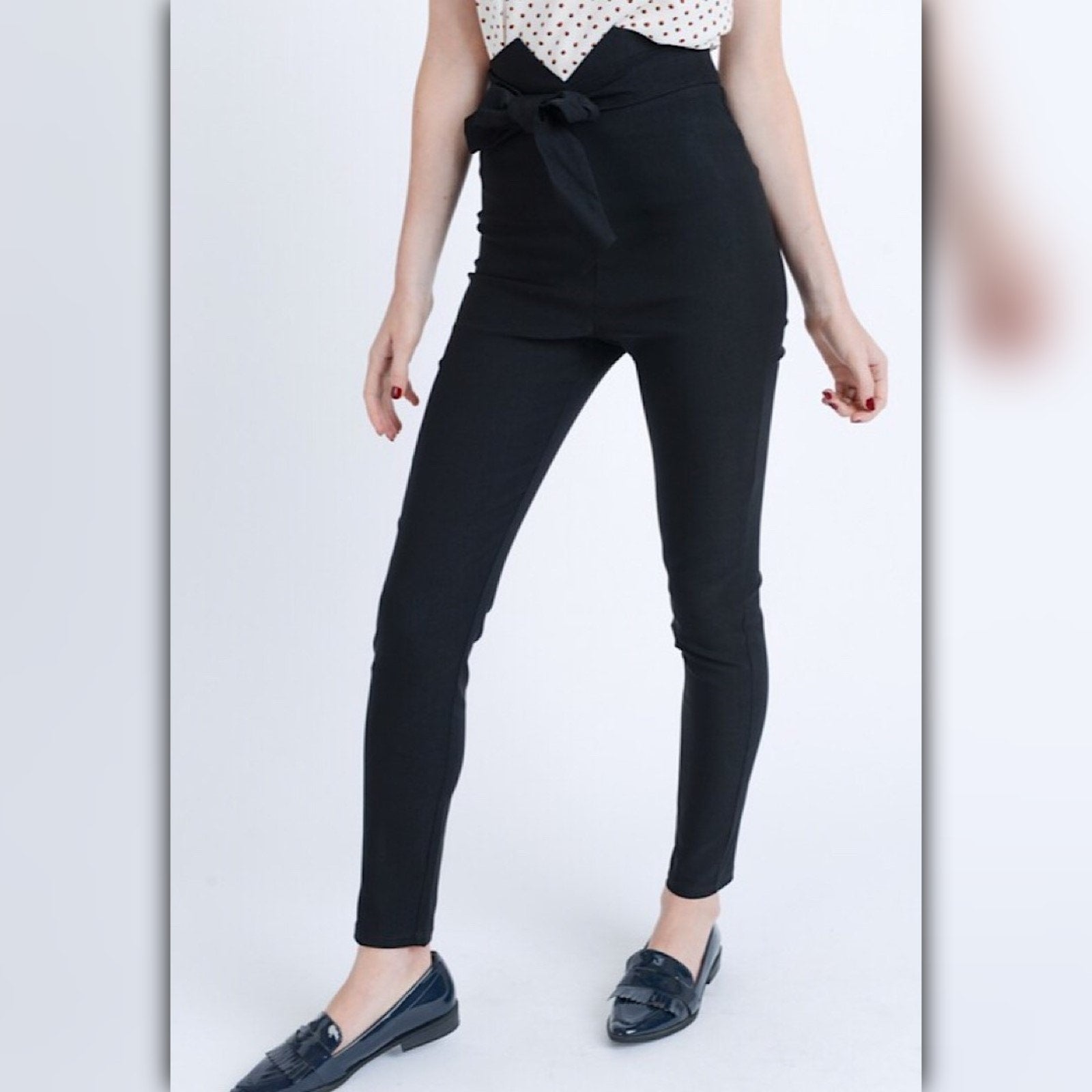 A481 — Black High Waist Belted Slim Pants with Back Zipper