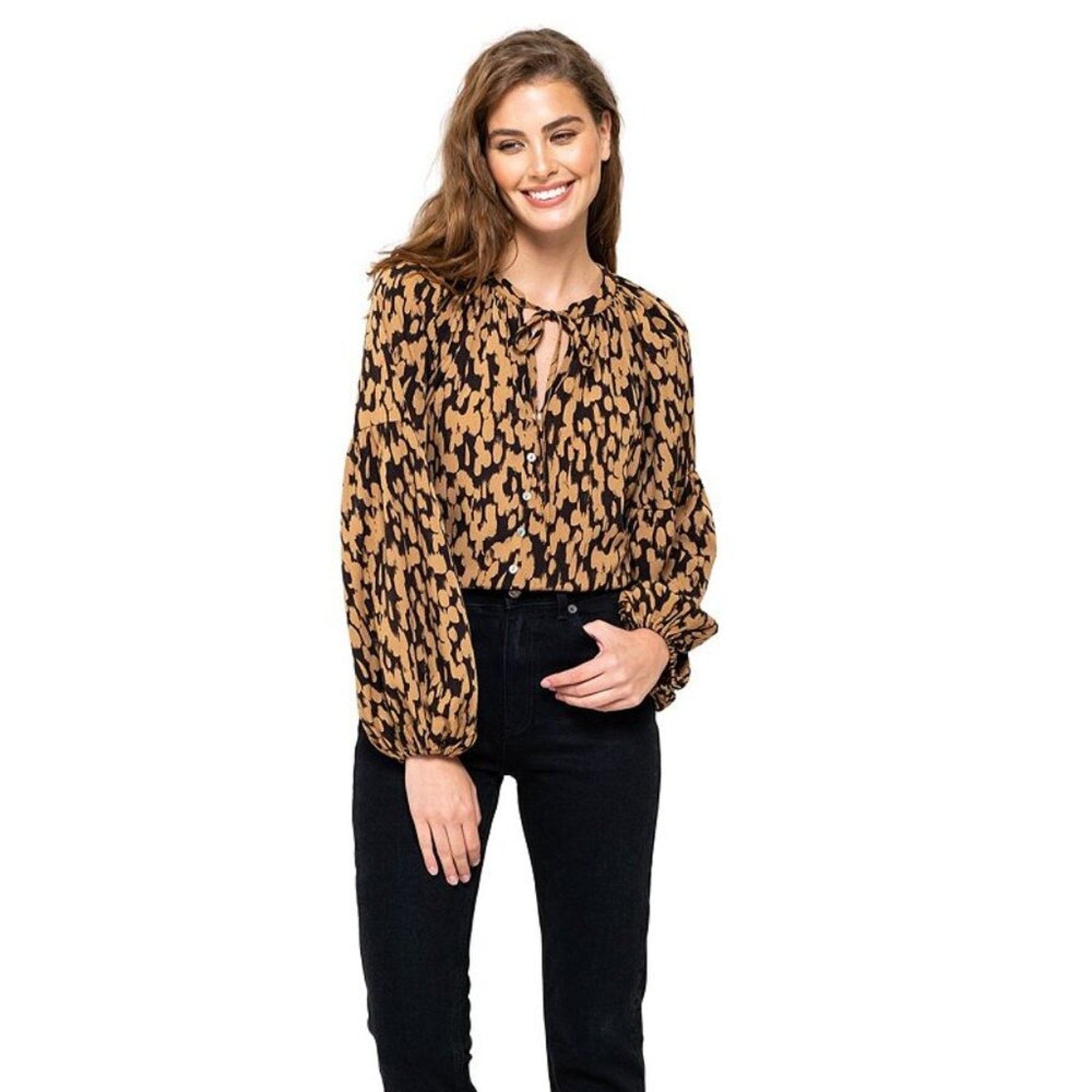 A242 • Animal Print Button-Front Blouse with Tie Neck