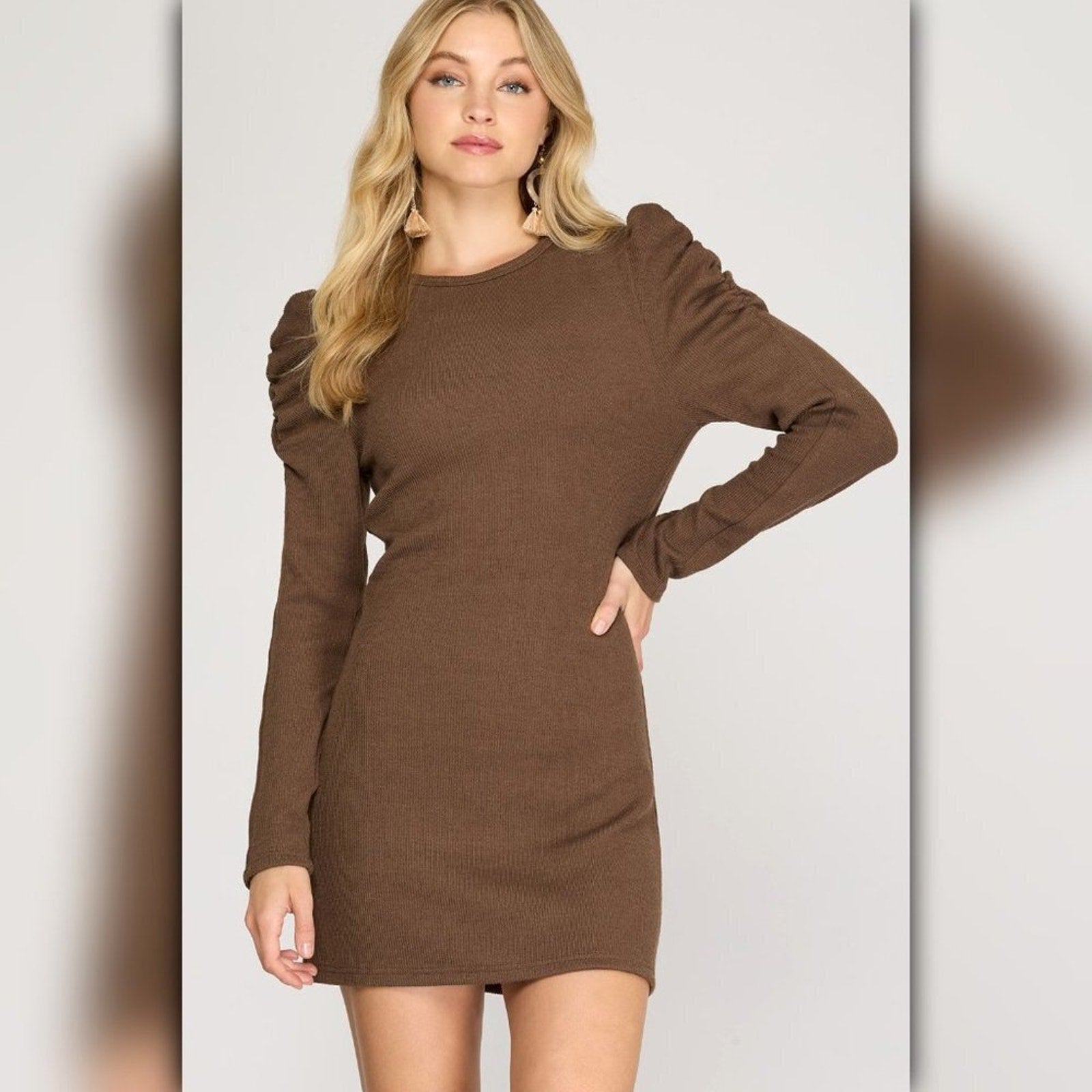 A251 • Chocolate Brown Puff Sleeve Ribbed Knit Mini Dress