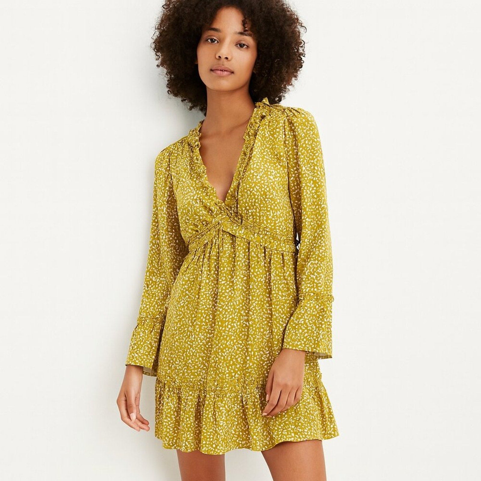 A254 • Mustard Ruffle Long Sleeve Printed Mini Dress