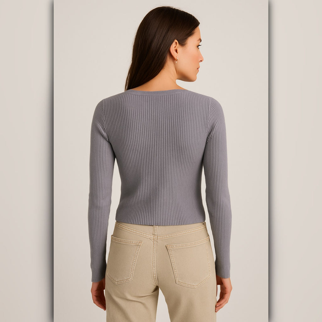 A197-B • Ribbed Button-Front V-Neck Cardigan