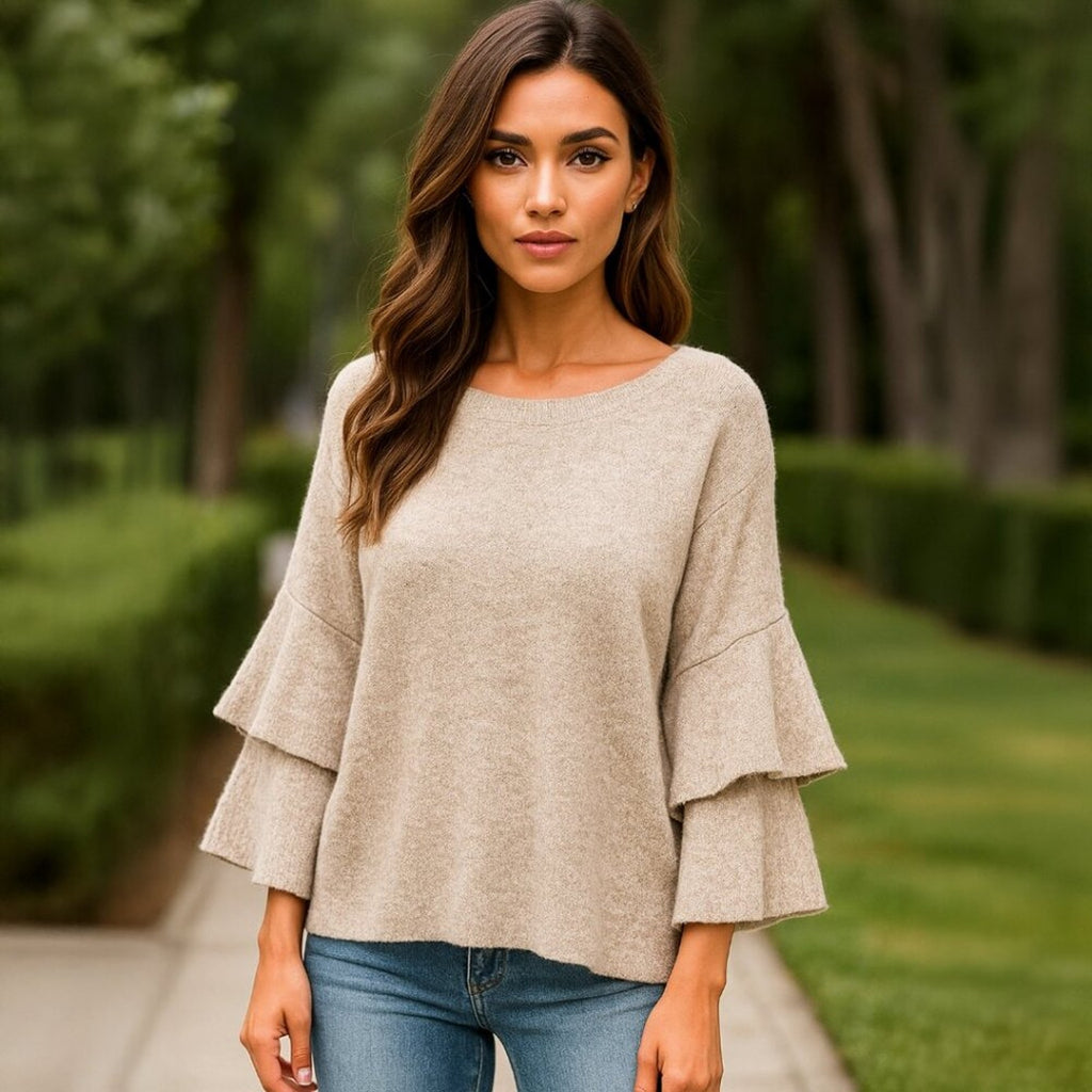 A266 • Oatmeal Two Tier Bell Sleeve Sweater Top