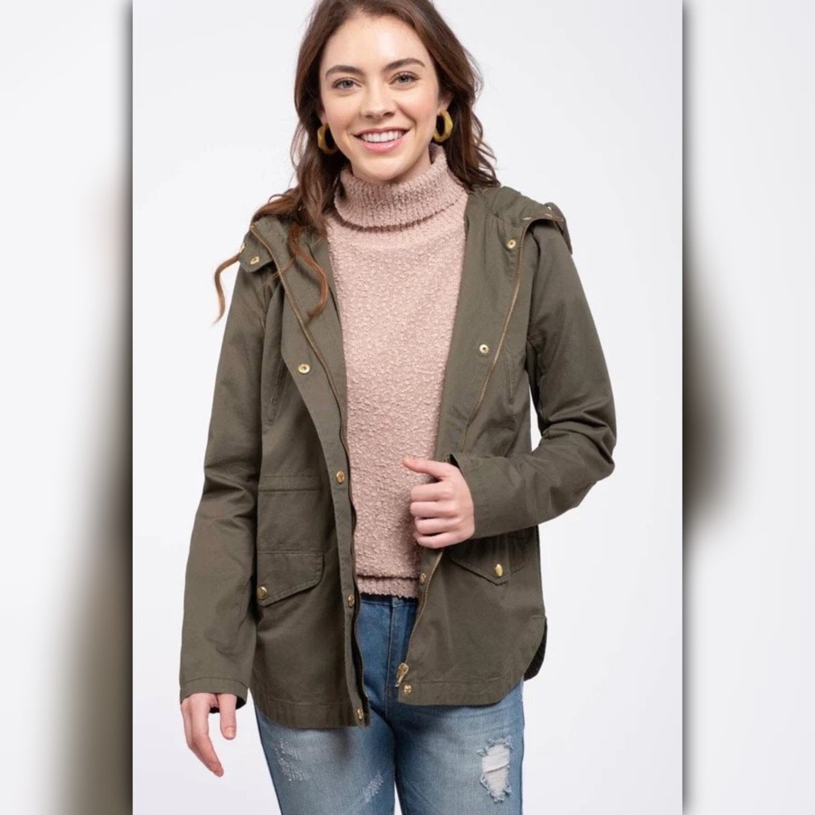 A410◾Lightweight Olive Cotton Utility Jacket With Hood Drawstring Waist