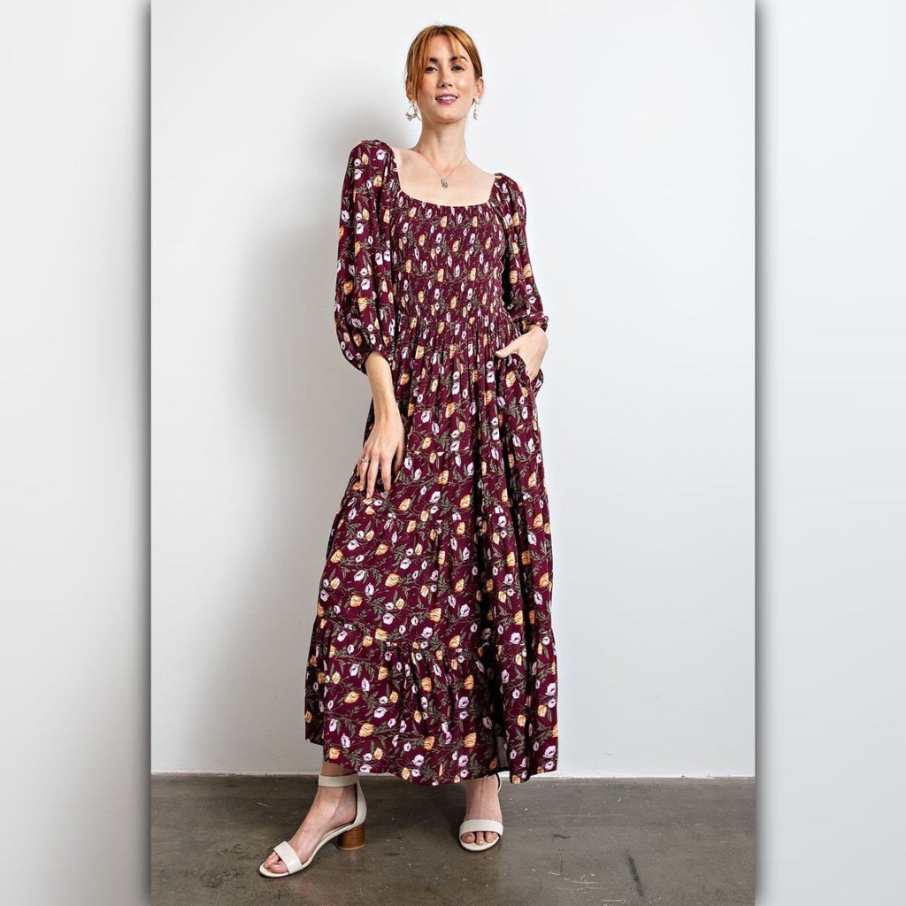 A235 • Boho Square Neck Floral Print Maxi Dress
