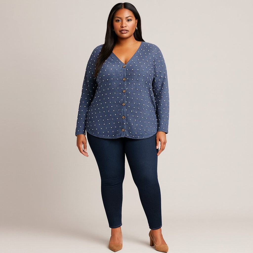 A412 • Navy Textured Polka Dot Button Cardigan