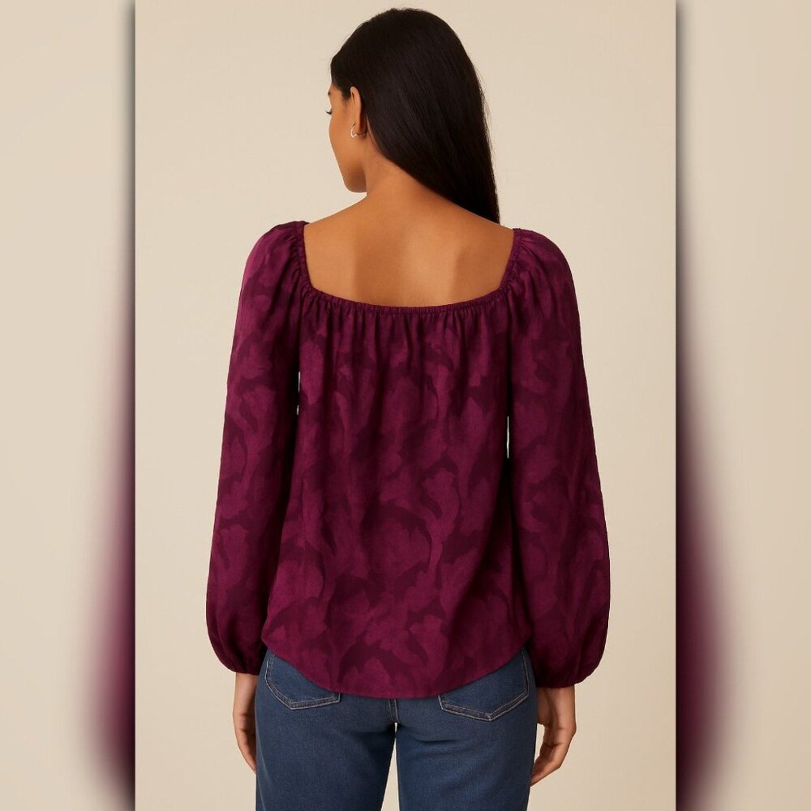 A407 • Plum Textured Floral Square Neck Sheer Sleeve Blouse