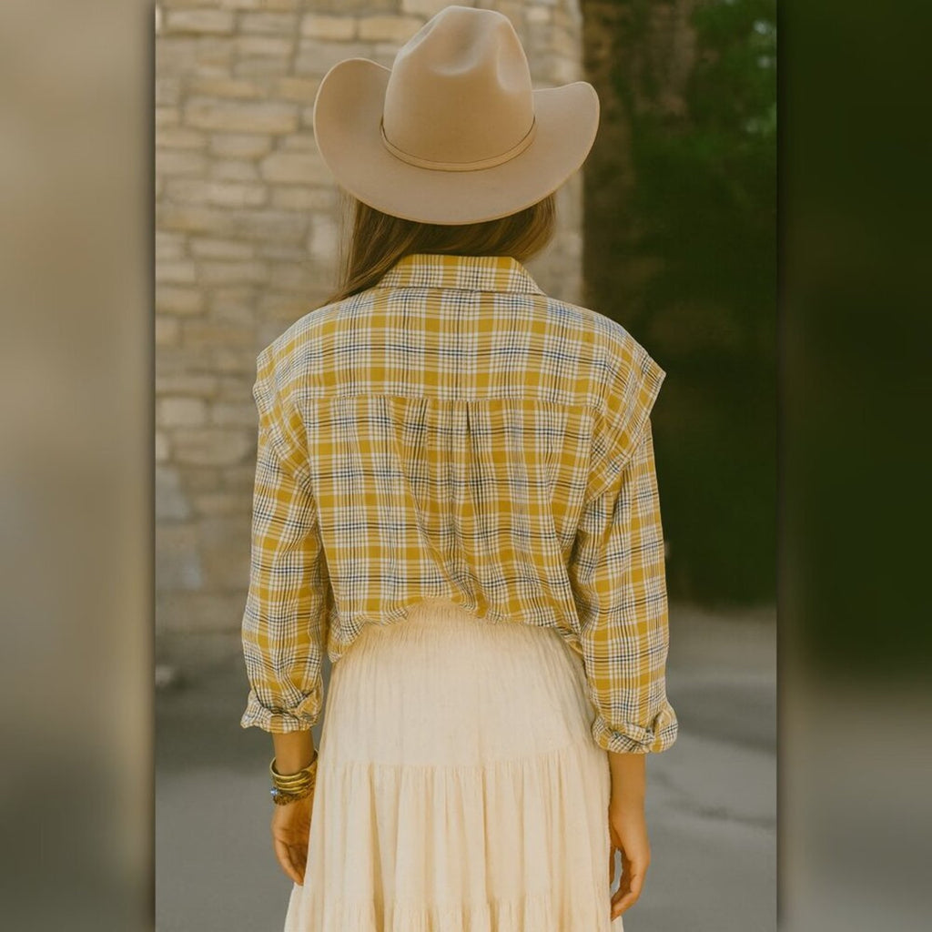 A478 • Plaid Puff Shoulder Cotton Button Down Shirt