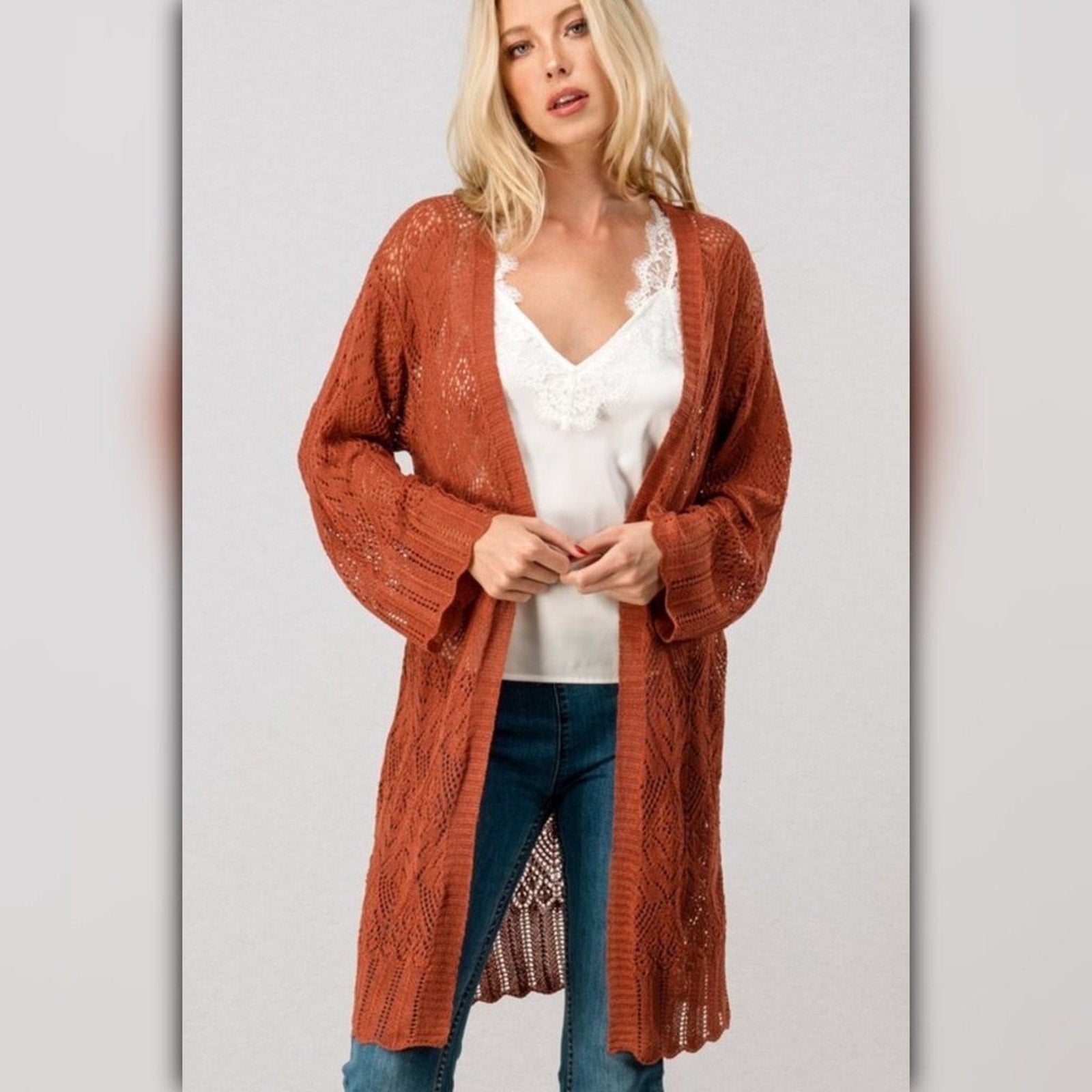 A713 ◾Lace Bell Sleeve Crochet Cardigan