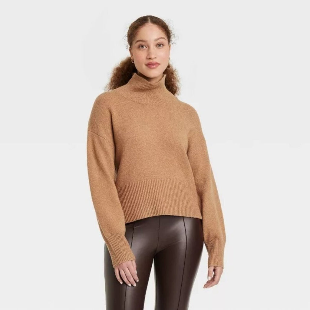 A138 • Camel Mock Turtleneck Ribbed Hem Pullover Sweater