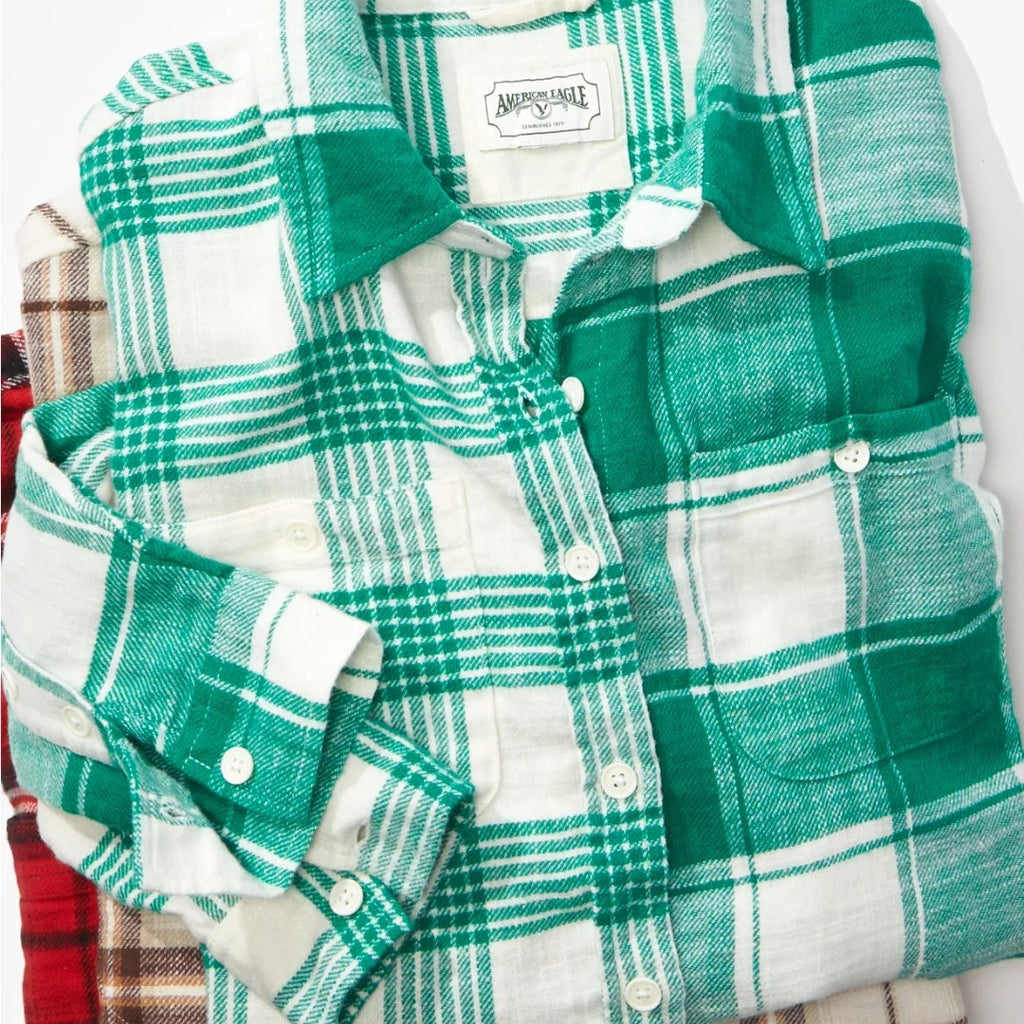 A494 • Cozy Cropped Green Plaid Flannel Shirt