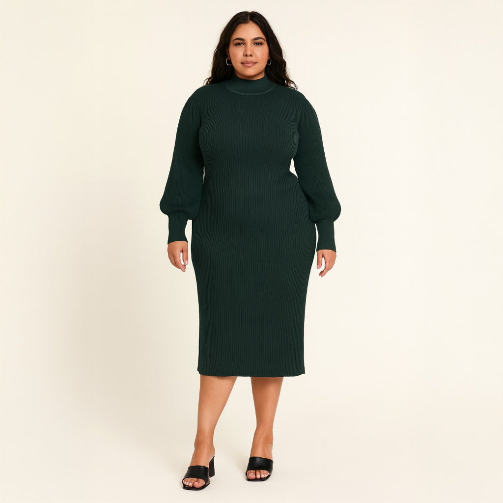 A515 • Hunter Green Puff Sleeve Ribbed Sweater Midi Dress