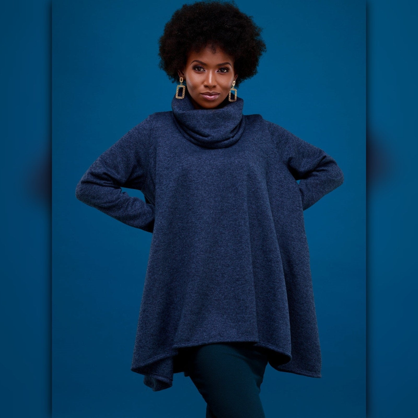 A263 • Midnight Blue Cozy Cowl-Neck Oversized Tunic