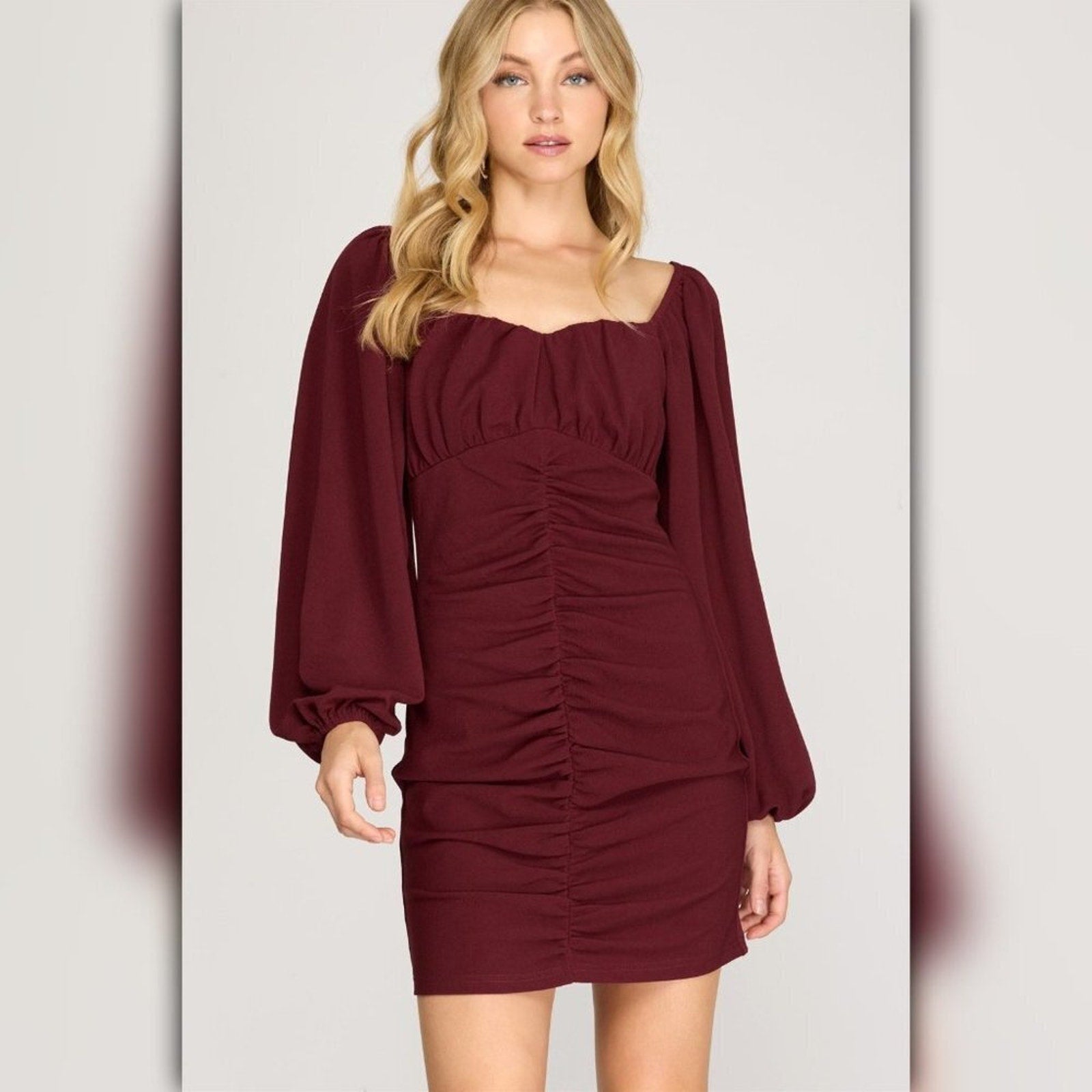 A491 • Wine Ruched Balloon Sleeve Mini Dress
