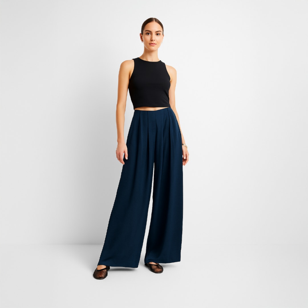 A272 • Wide-Leg Pleated Trousers with Elastic Waist in Deep Navy