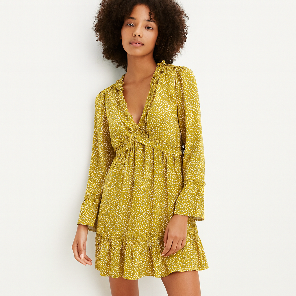 A254 • Mustard Ruffle Long Sleeve Printed Mini Dress