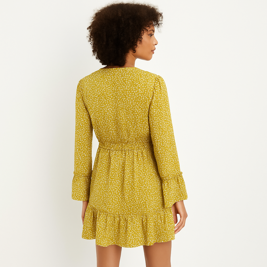 A254 • Mustard Ruffle Long Sleeve Printed Mini Dress