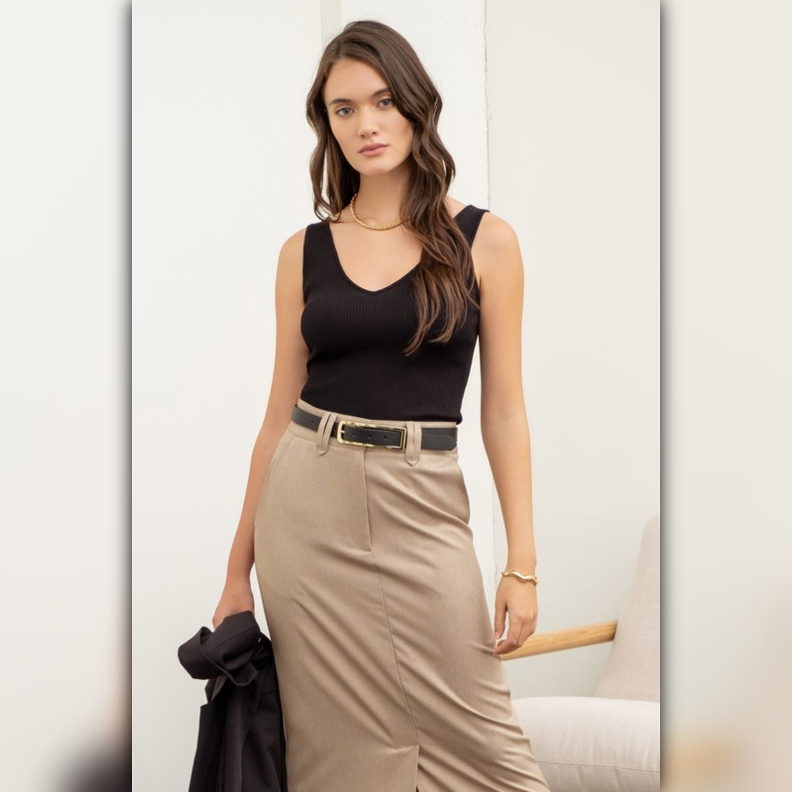 A046-C • V-Neck Sleeveless Ribbed Tank Top