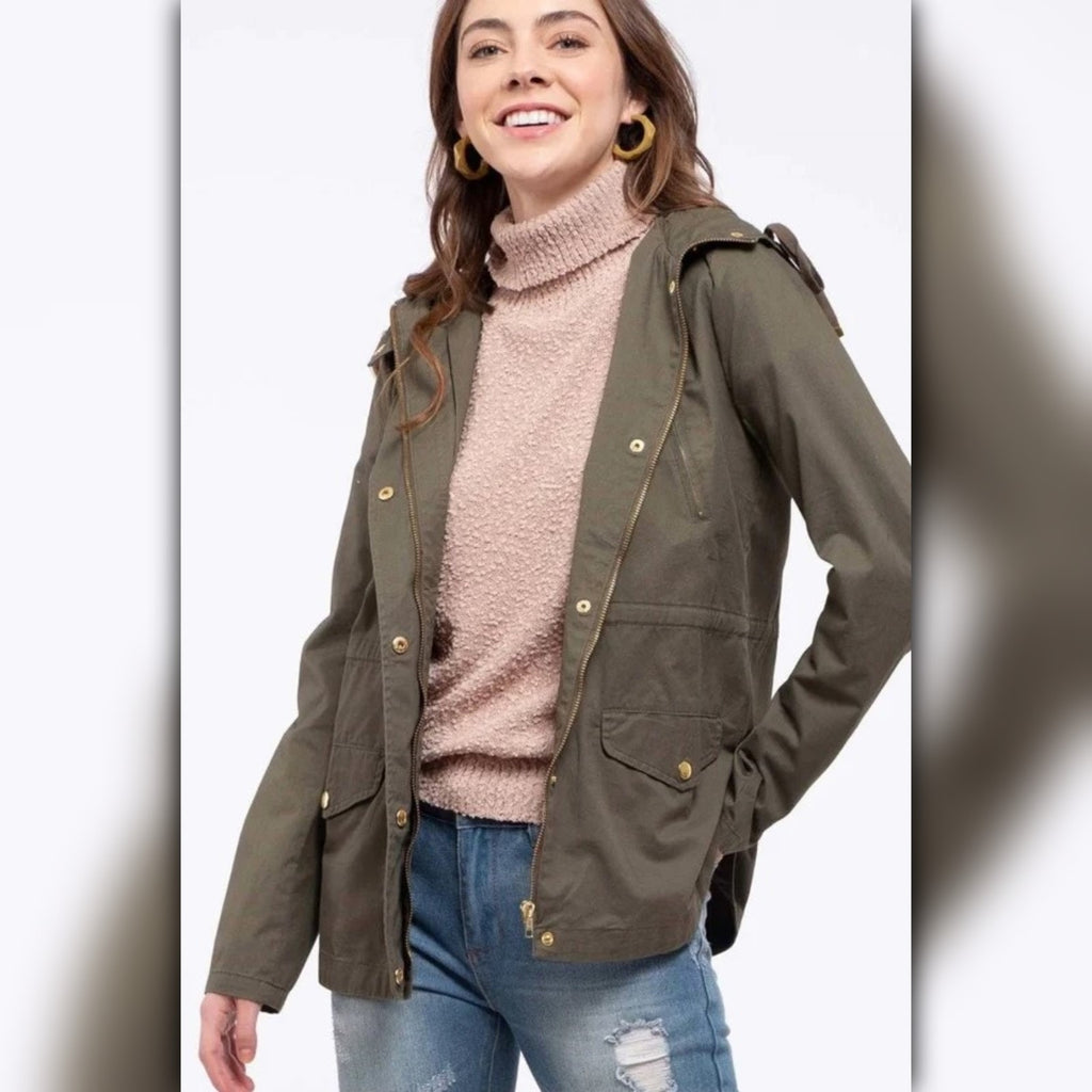 A410◾Lightweight Olive Cotton Utility Jacket With Hood Drawstring Waist