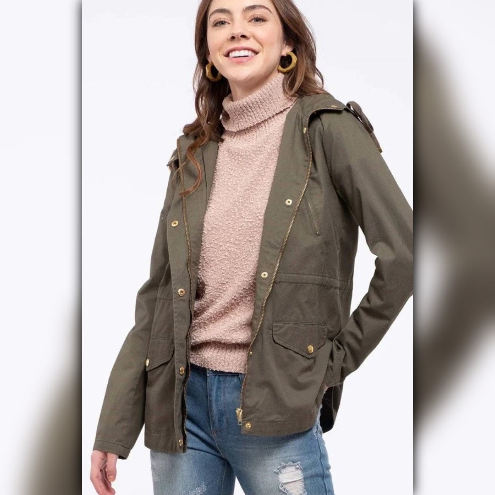 A410◾Lightweight Olive Cotton Utility Jacket With Hood Drawstring Waist