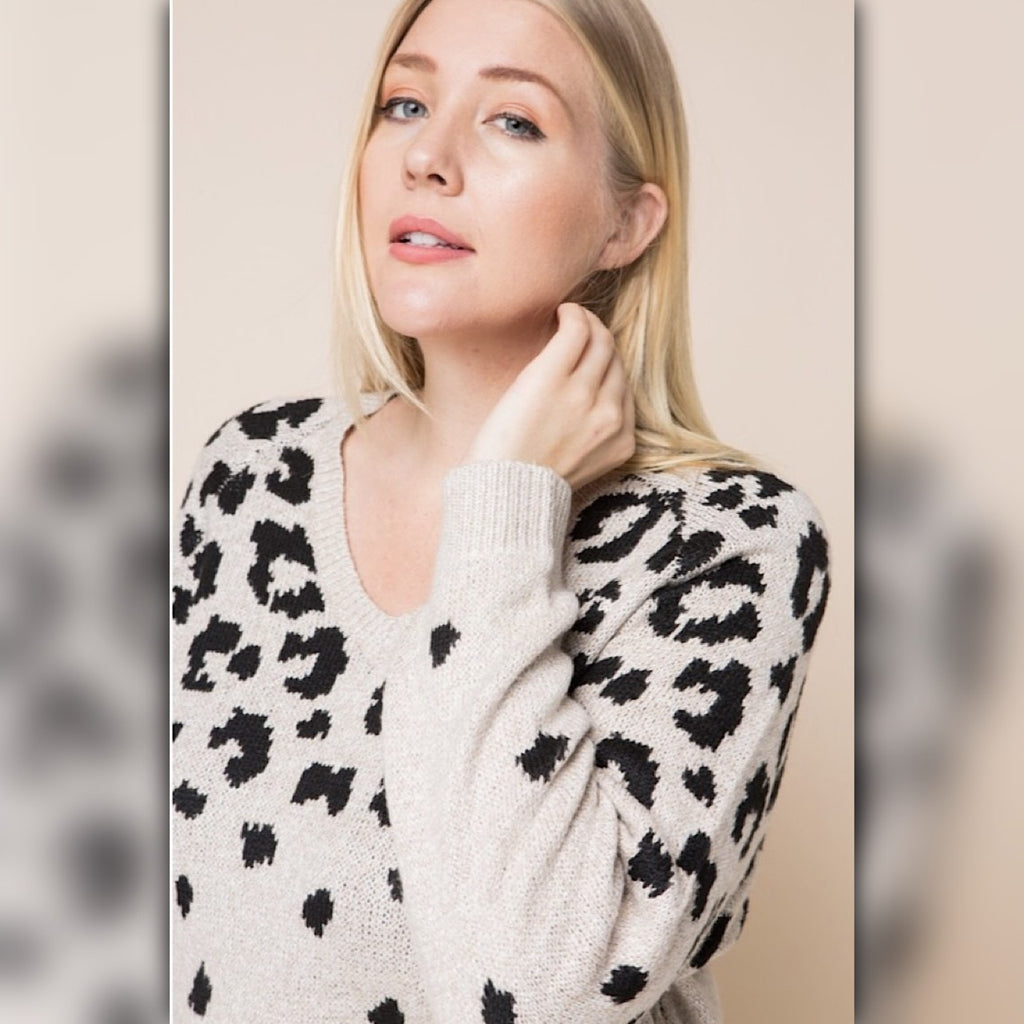 A521 • Cream Leopard V-Neck Knit Sweater