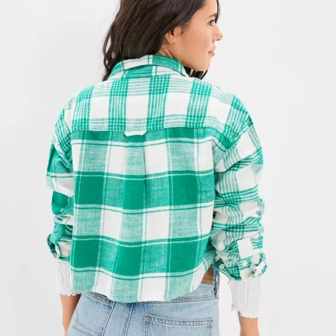A494 • Cozy Cropped Green Plaid Flannel Shirt
