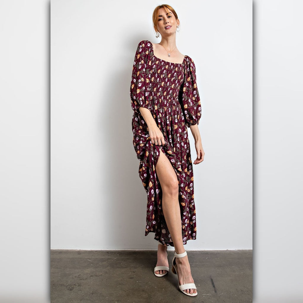A235 • Boho Square Neck Floral Print Maxi Dress