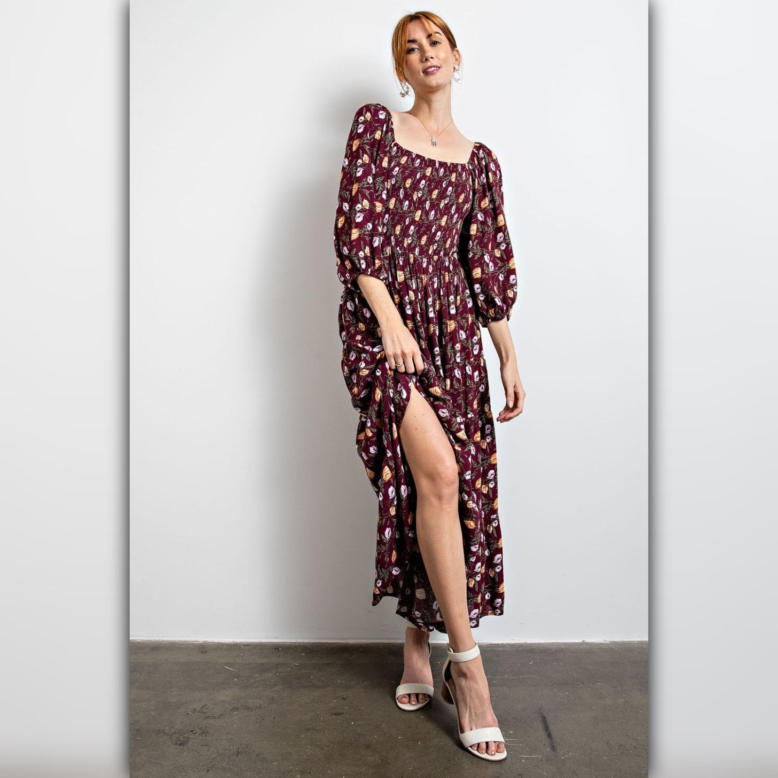 A235 • Boho Square Neck Floral Print Maxi Dress