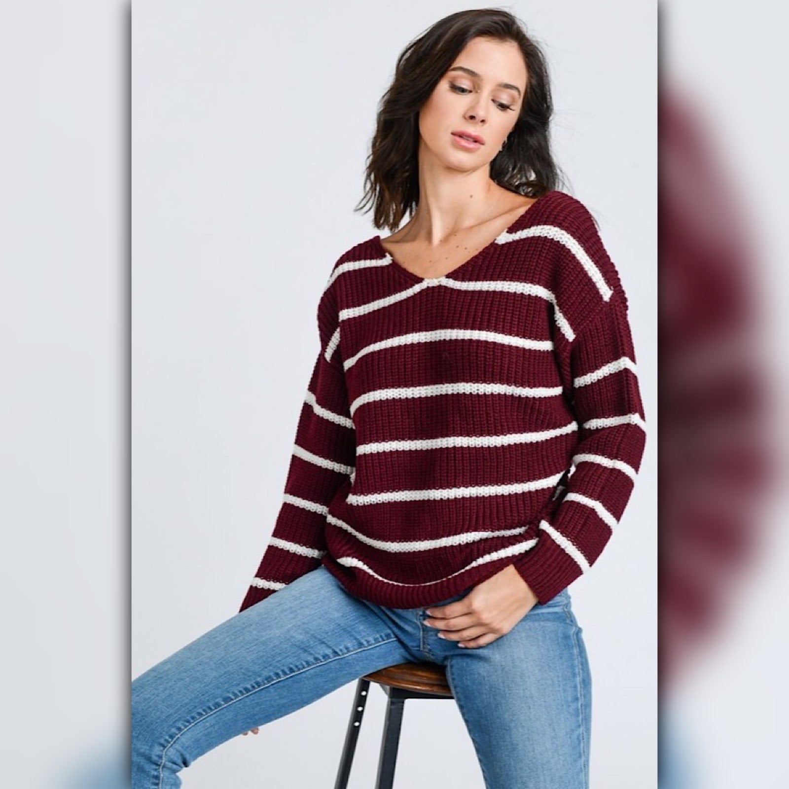 A261 • Stripe Dolman Sleeve Twist Back Knit Sweater Top