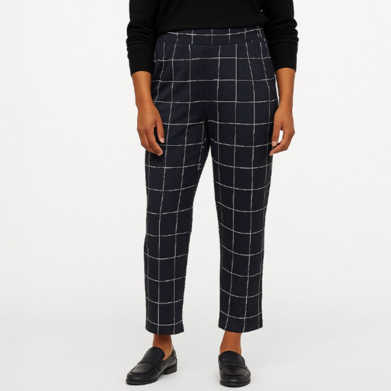 A293-B • Navy High-Rise Plaid Ankle Windowpane Knit Trousers Pants