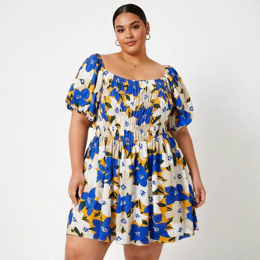 A393 • Blue Floral Smocked Puff Sleeve Midi Dress
