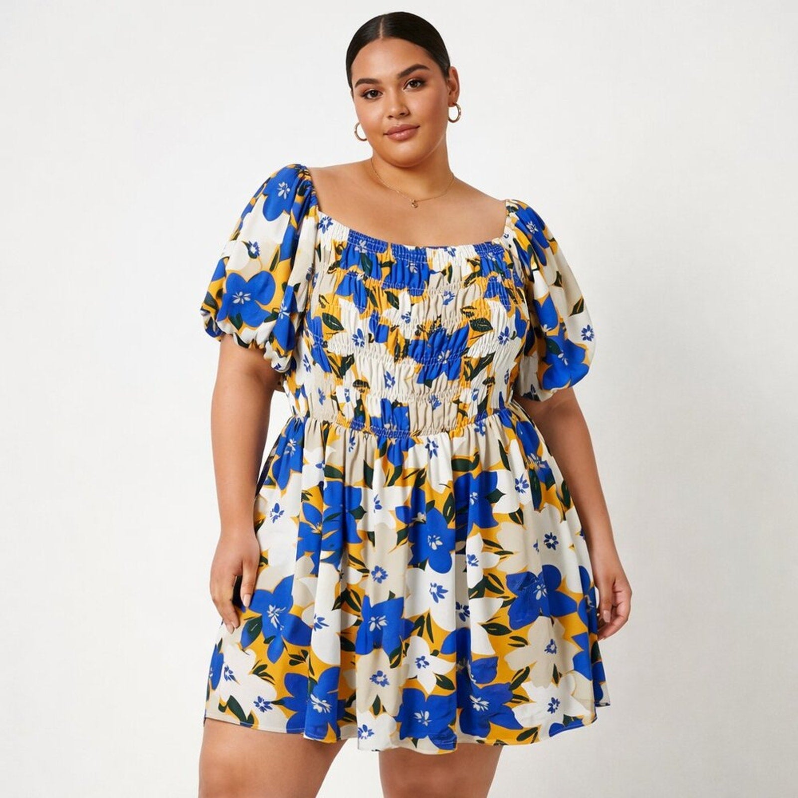 A393 • Blue Floral Smocked Puff Sleeve Midi Dress