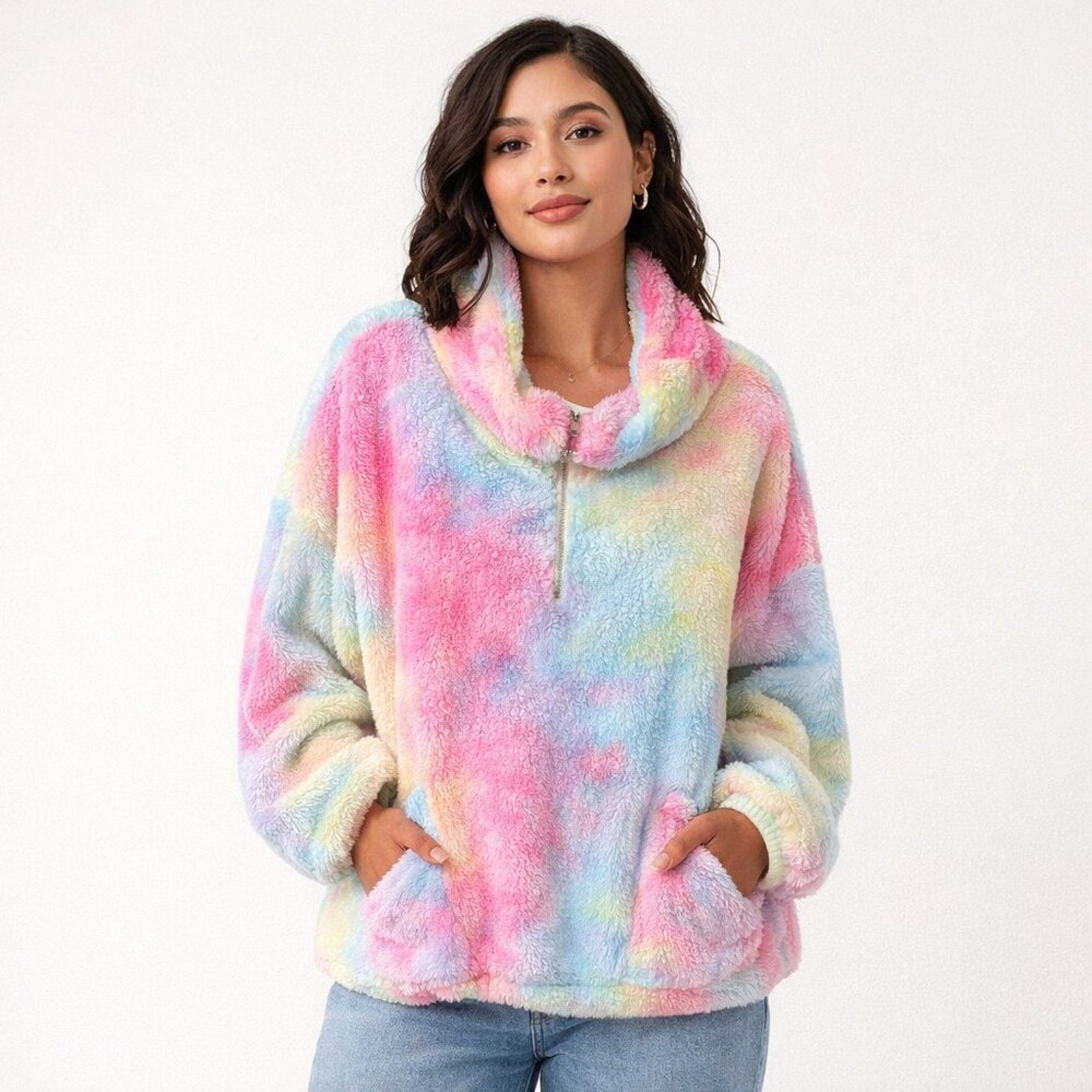 A684 • Pastel Tie Dye Sherpa Zip Pullover