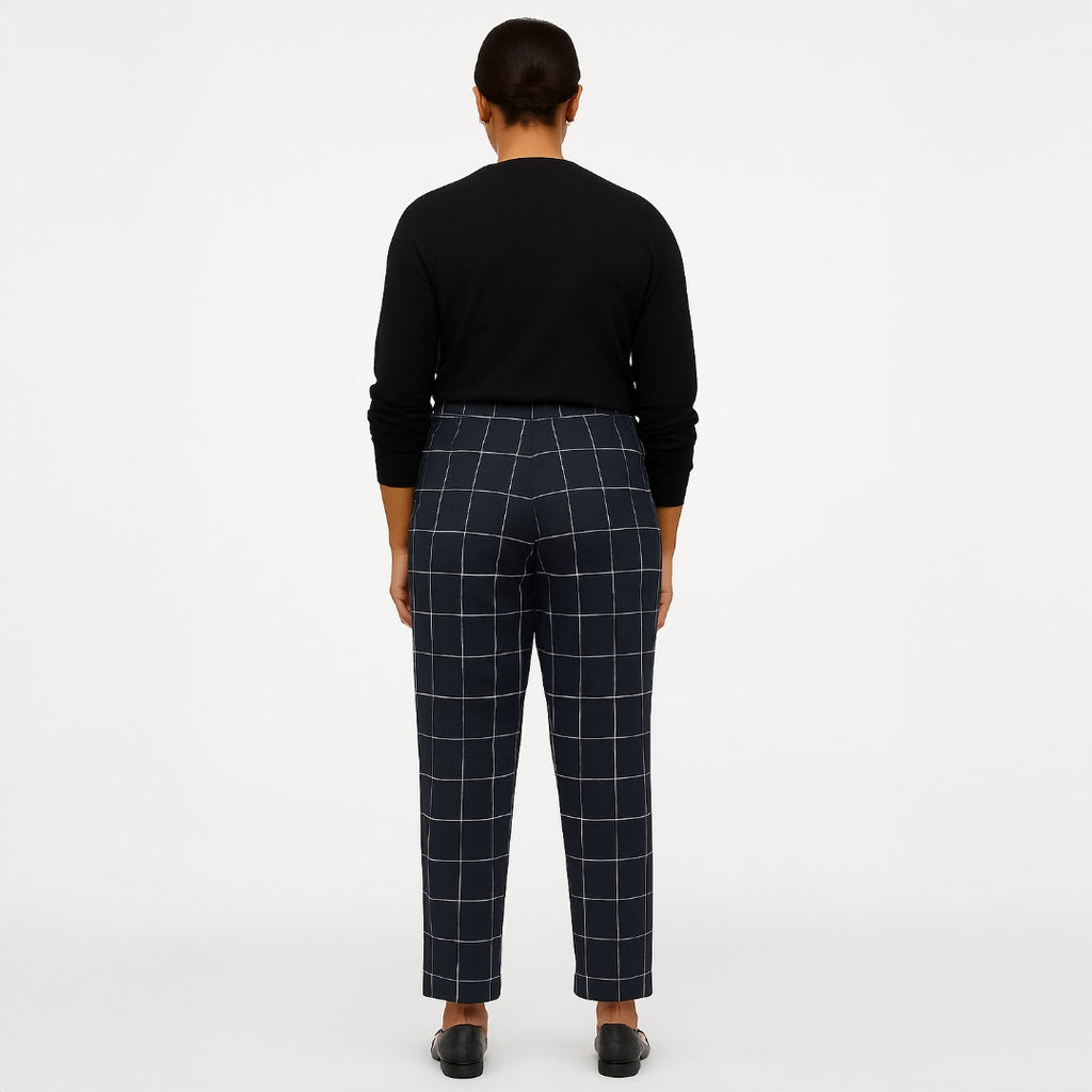 A293-B • Navy High-Rise Plaid Ankle Windowpane Knit Trousers Pants