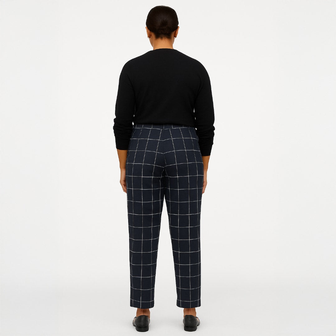 A293-B • Navy High-Rise Plaid Ankle Windowpane Knit Trousers Pants