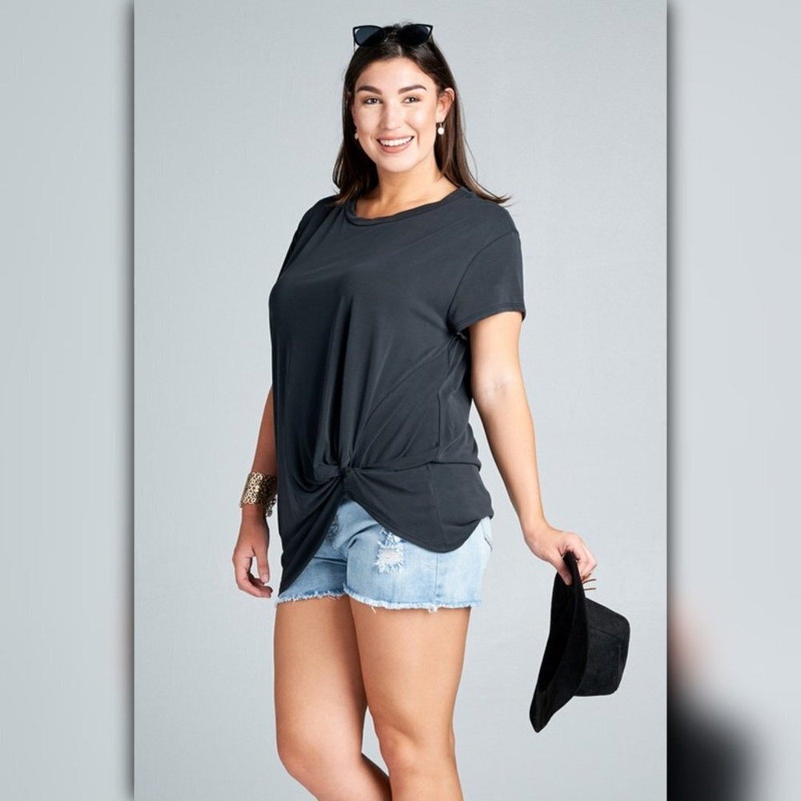 A482-A • Crew Neck Modal Blend Top with Side Gathering Detail