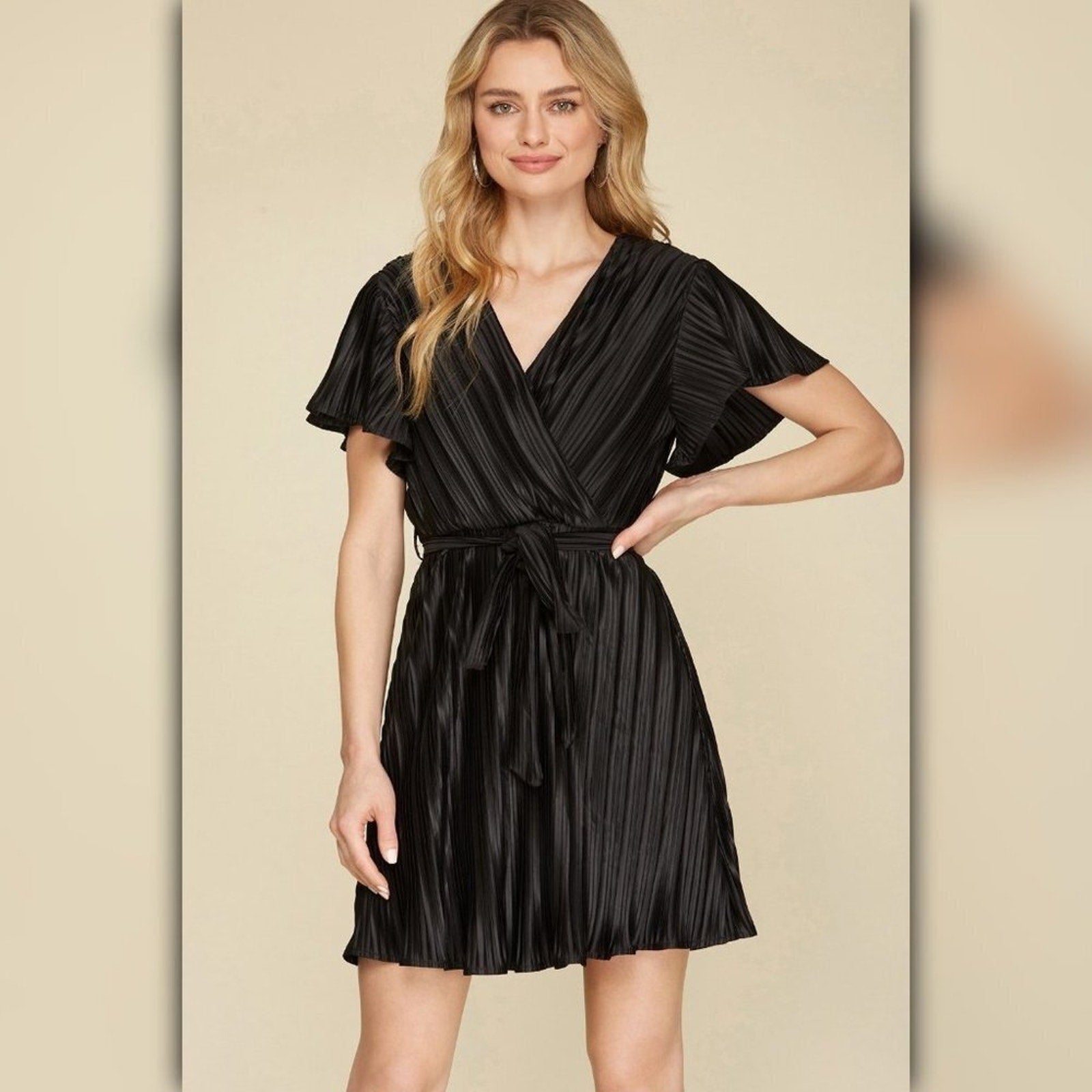 A118 ◾ Flutter Sleeve Pleated Mini Dress With Waist Sash