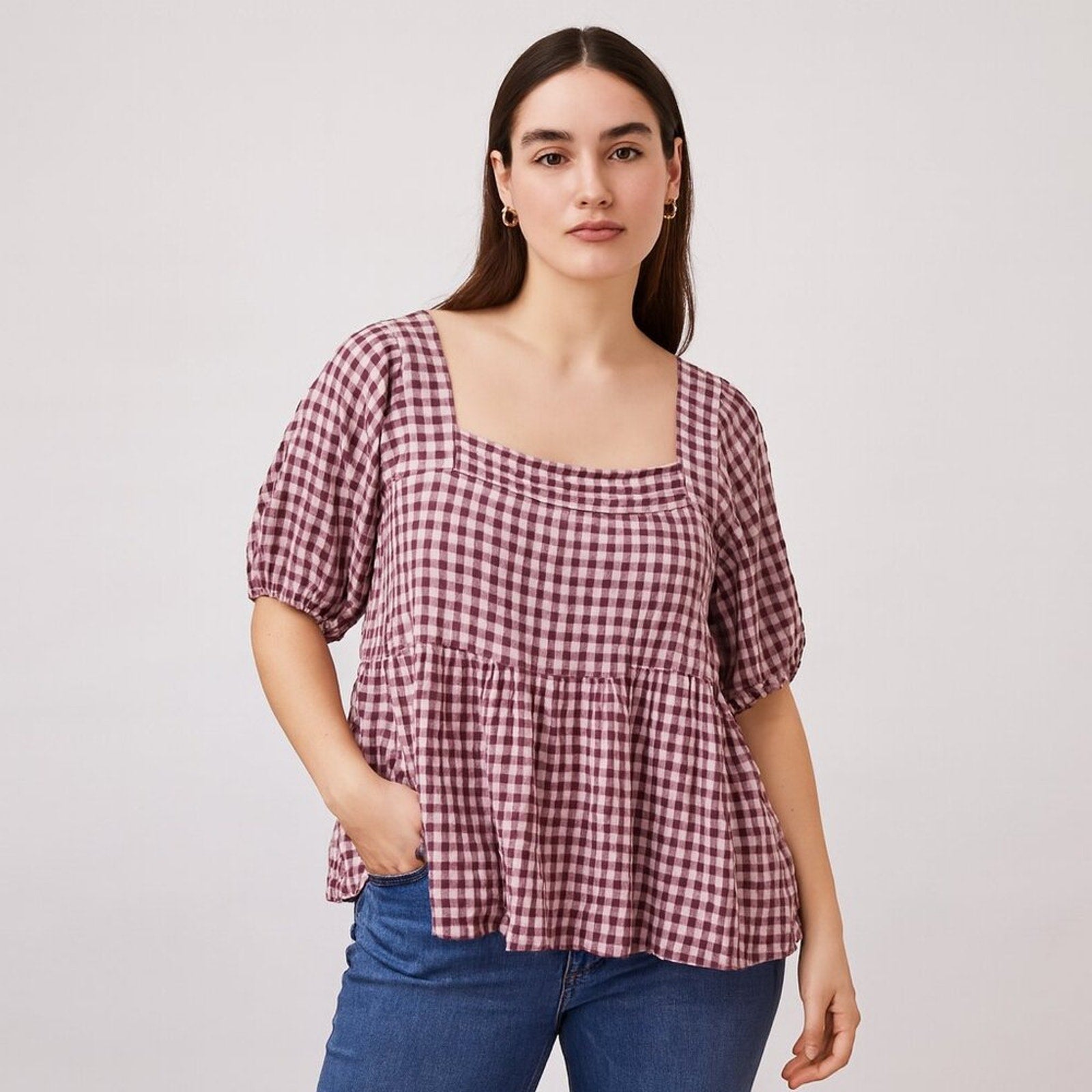A230 • Mauve Gingham Square Neck Peplum Blouse