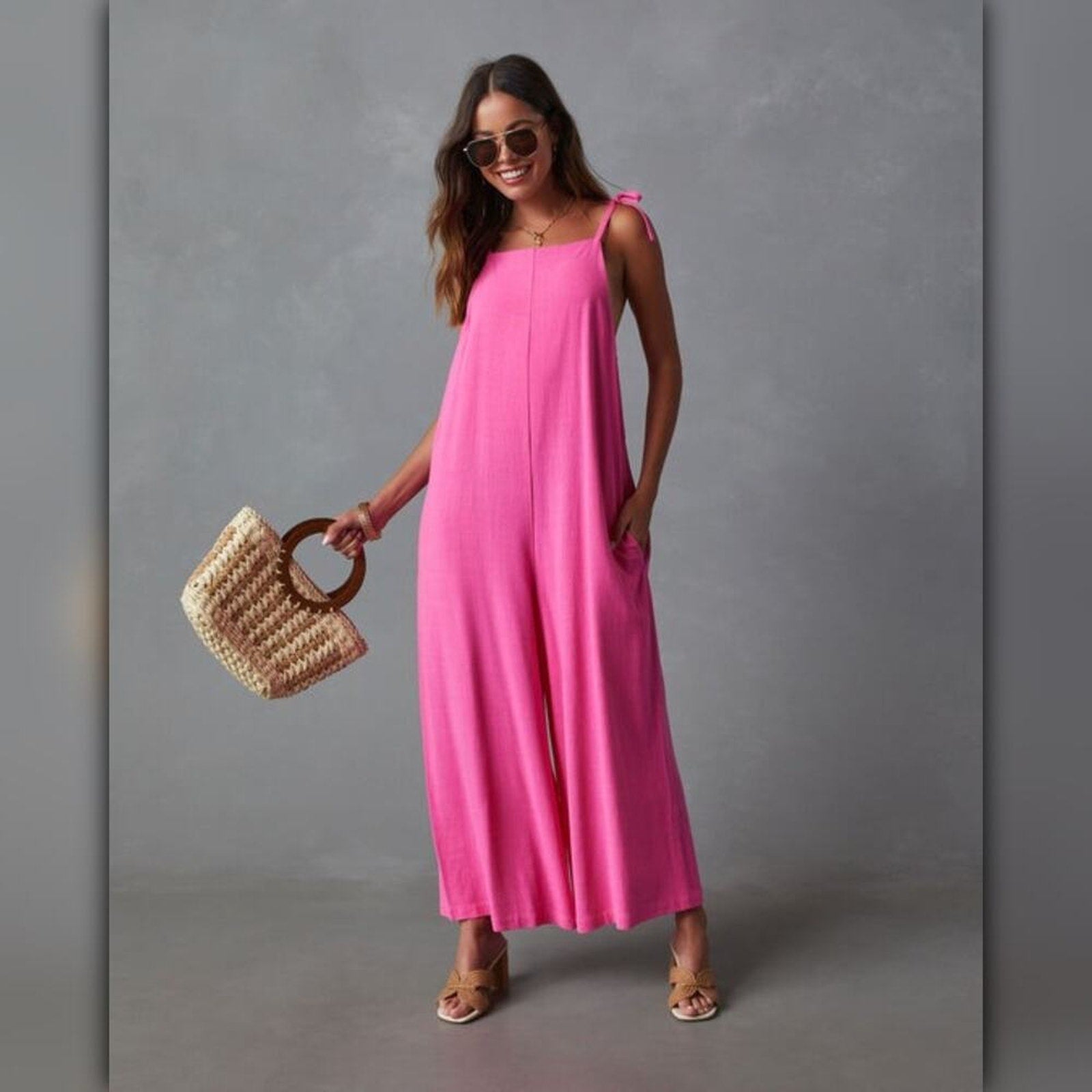 A059 • Pink Linen Blend Relaxed Jumpsuit