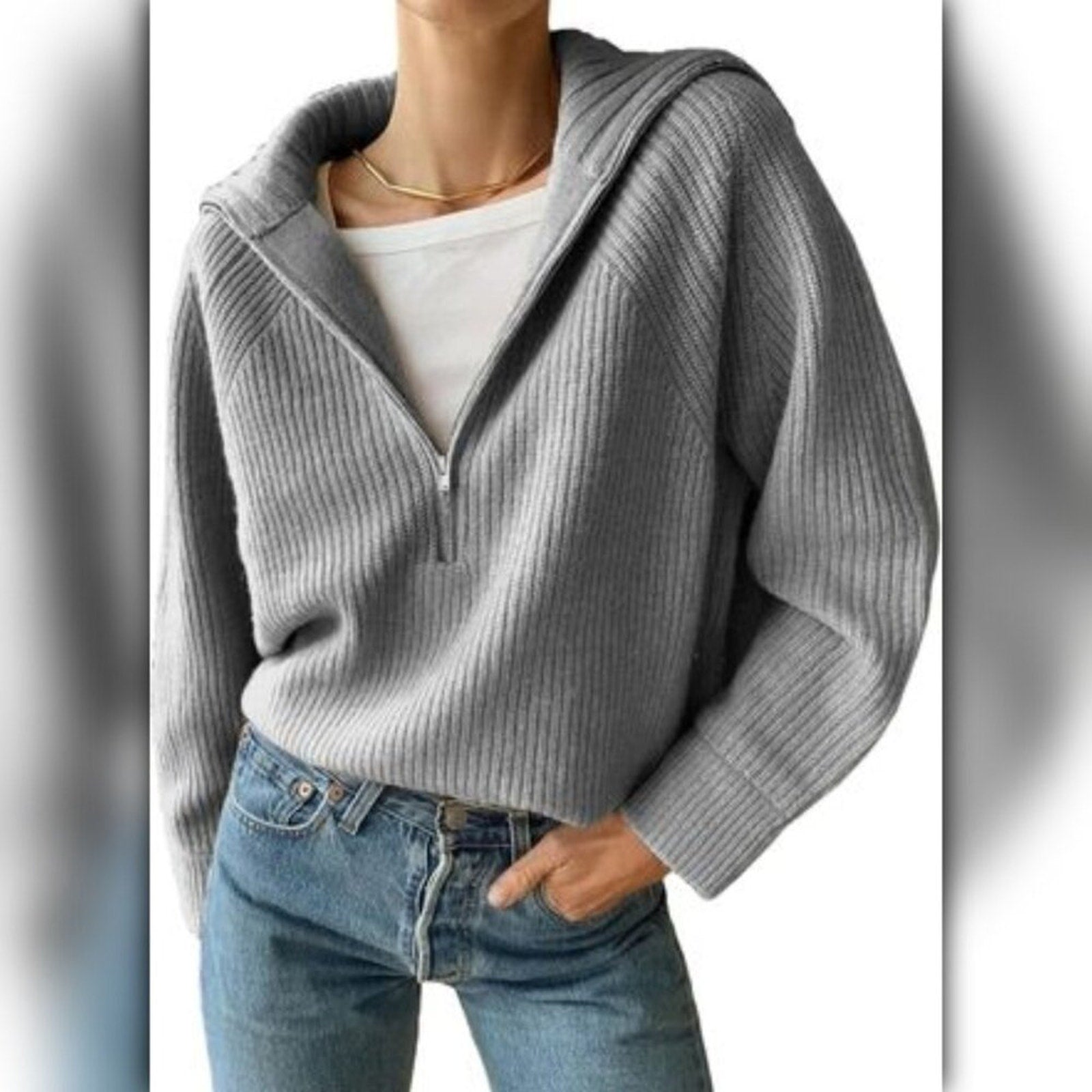 A264 • WAYF Light Heather Grey Zip Collar Knit Sweater