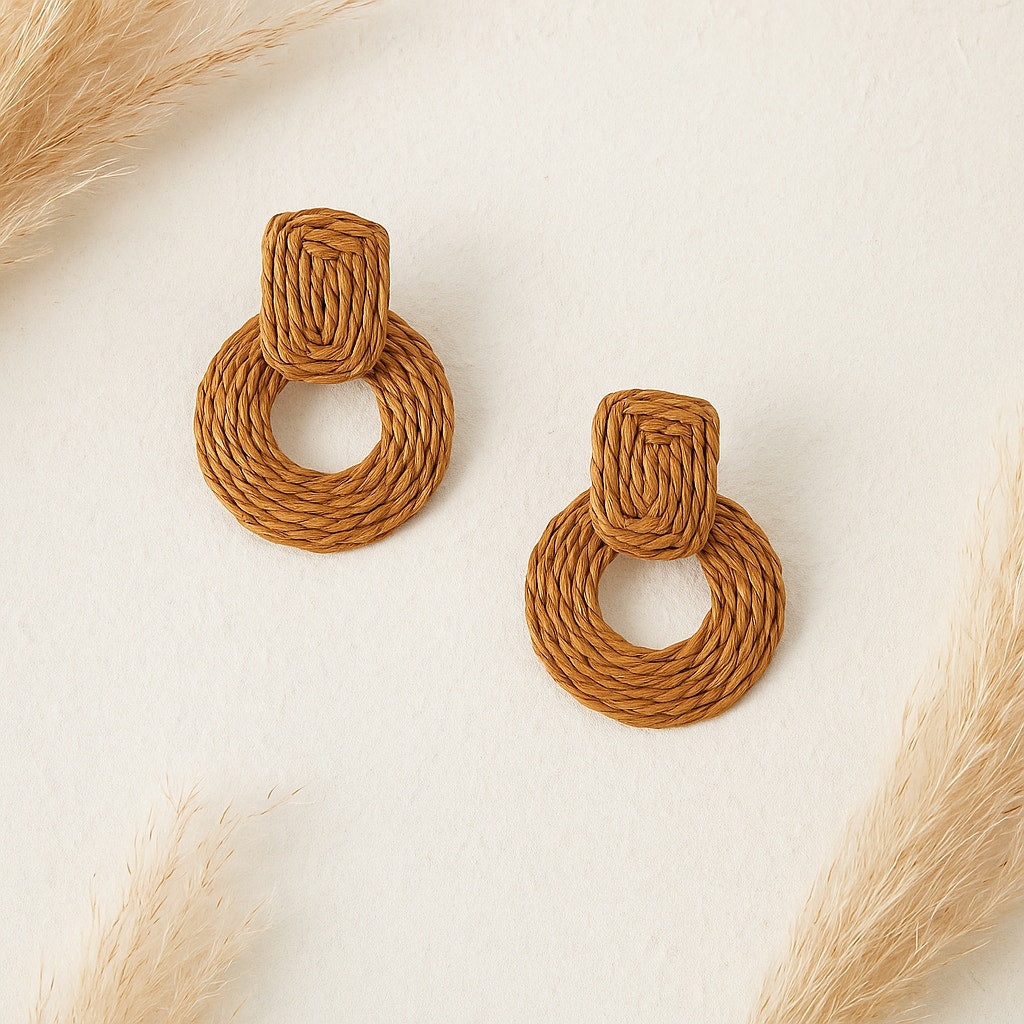 A247-B • Boho Geometric Raffia Rattan Earrings