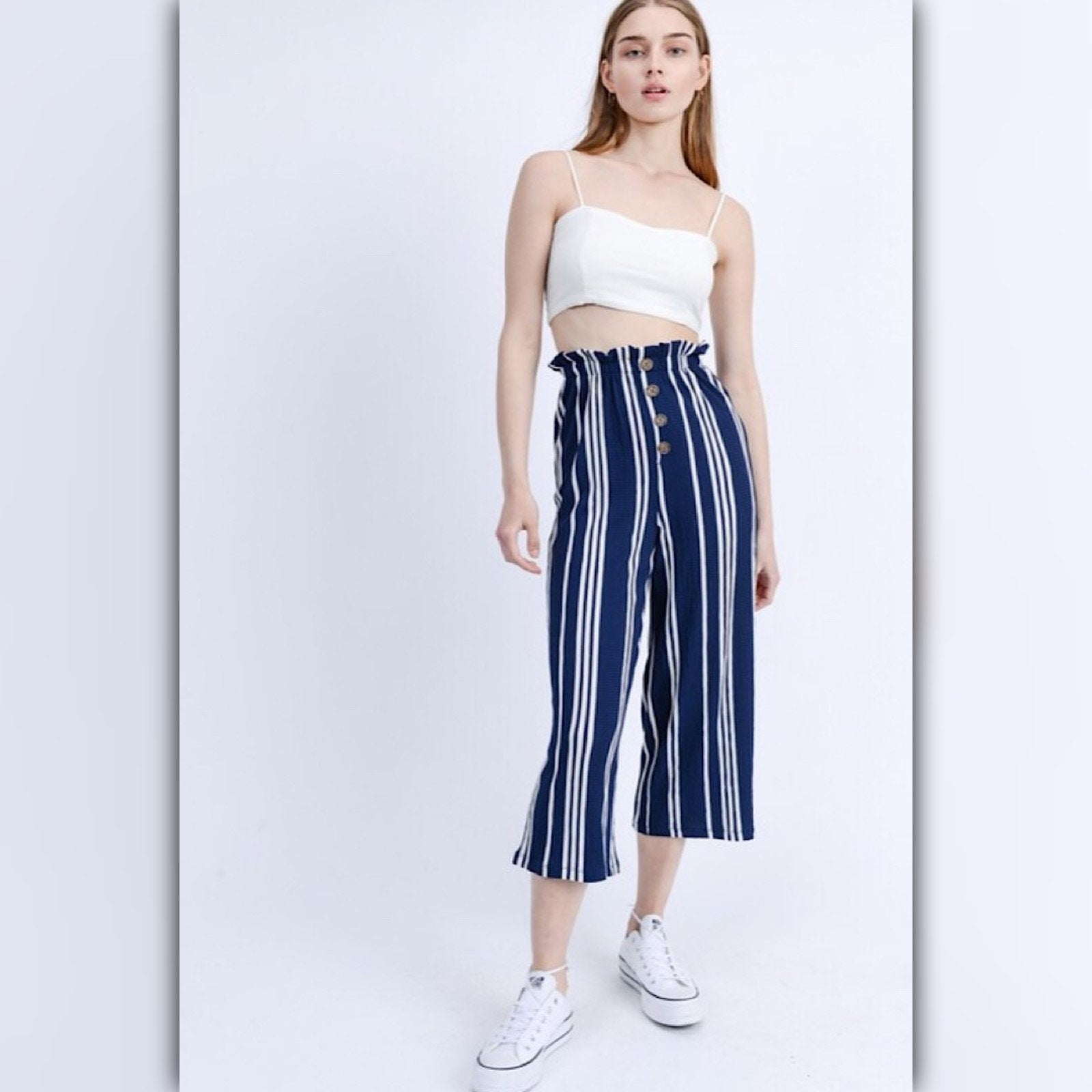 A587◾Blue Striped Wide-Leg Cropped Pants