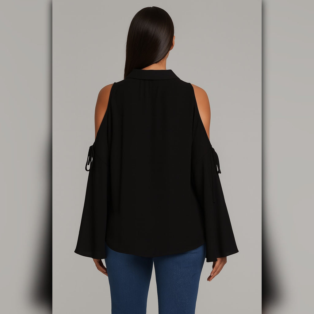 A421 • Black Sheer Bell Sleeve Button Down Blouse with Tie Sleeve Cutouts