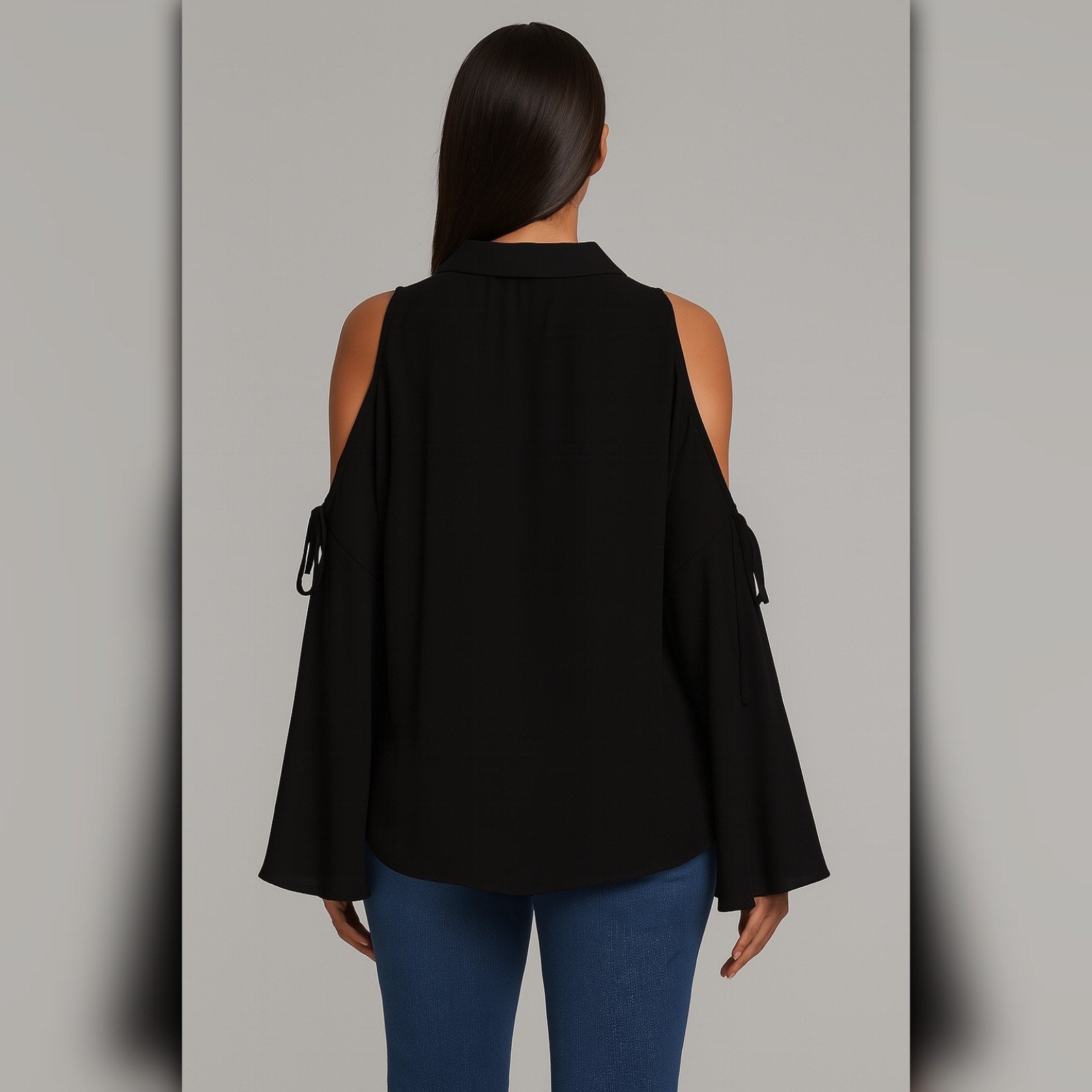 A421 • Black Sheer Bell Sleeve Button Down Blouse with Tie Sleeve Cutouts