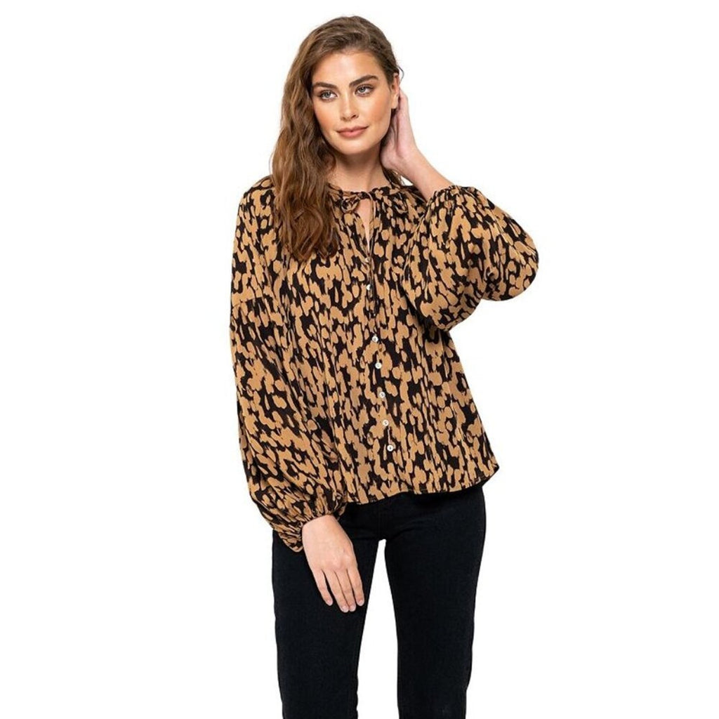 A242 • Animal Print Button-Front Blouse with Tie Neck